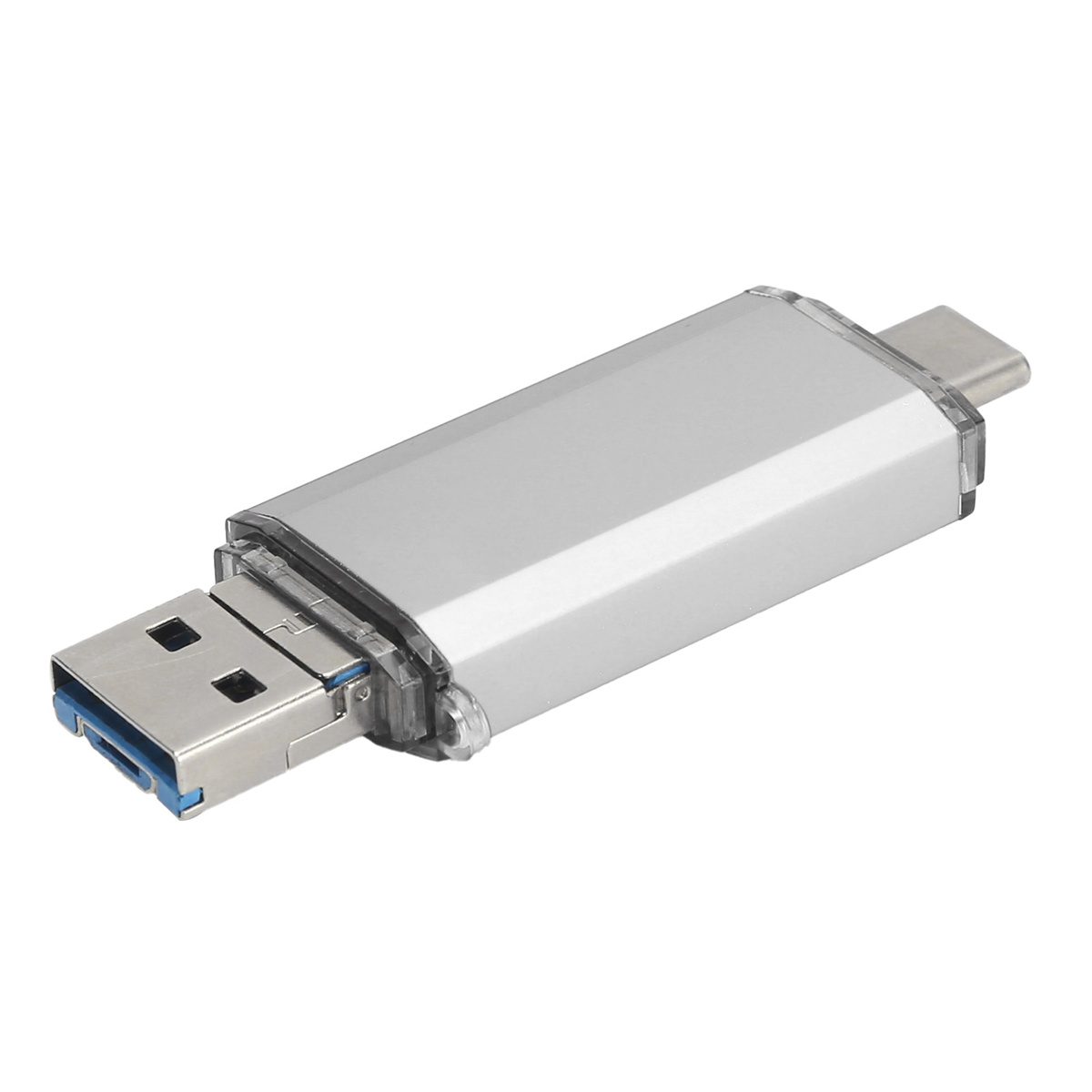 Silberner USB-Stick mit USB-A- und USB-C-Anschlüssen.
