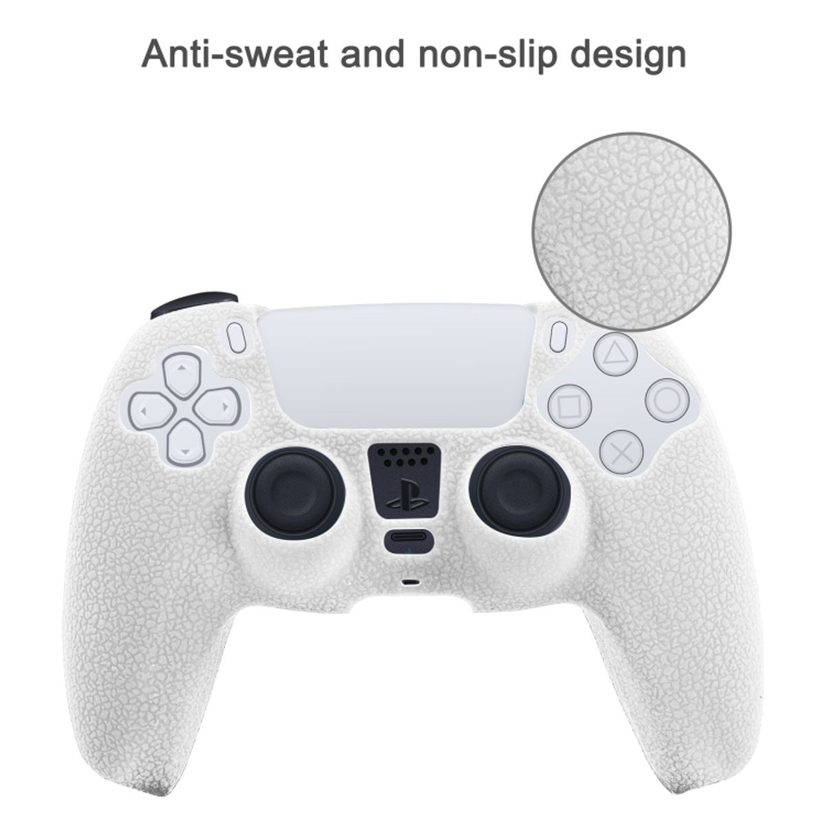 Weißes Gamepad mit strukturierter Oberfläche. Tasten sind sichtbar. Der Text weist auf ein schweißhemmendes und rutschfestes Design hin.
