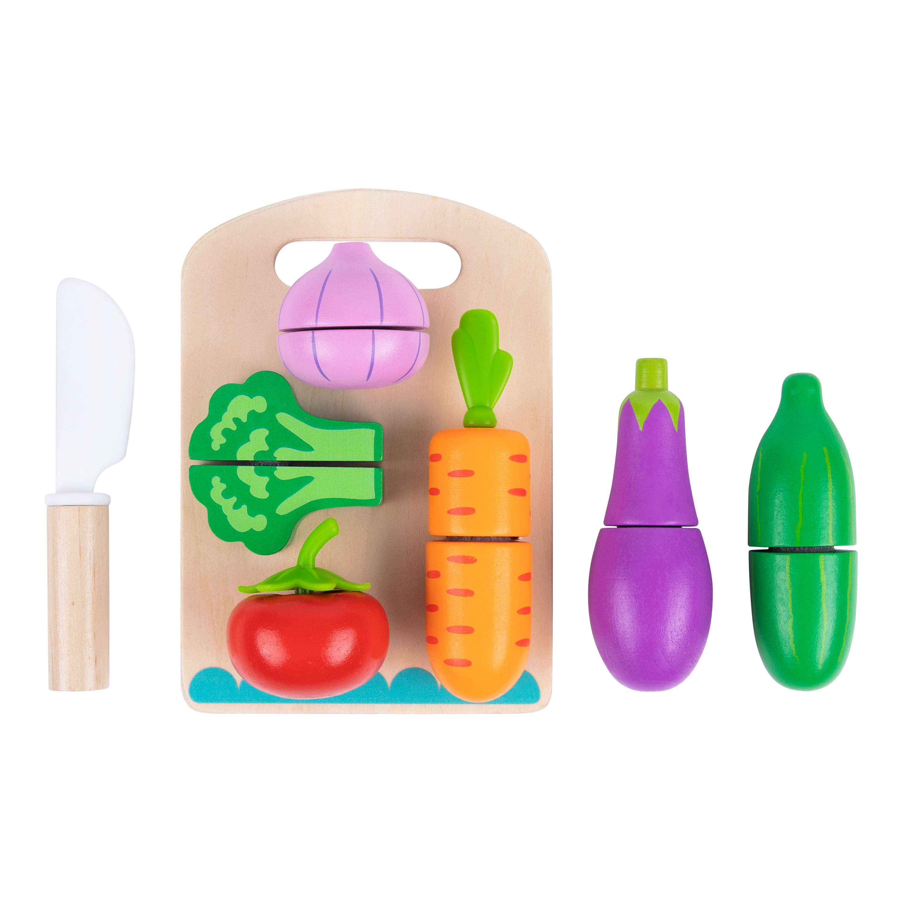 Holzspielzeug Gemüse: Tomate, Brokkoli, Karotte, Zwiebel, Gurke, mit Messer.