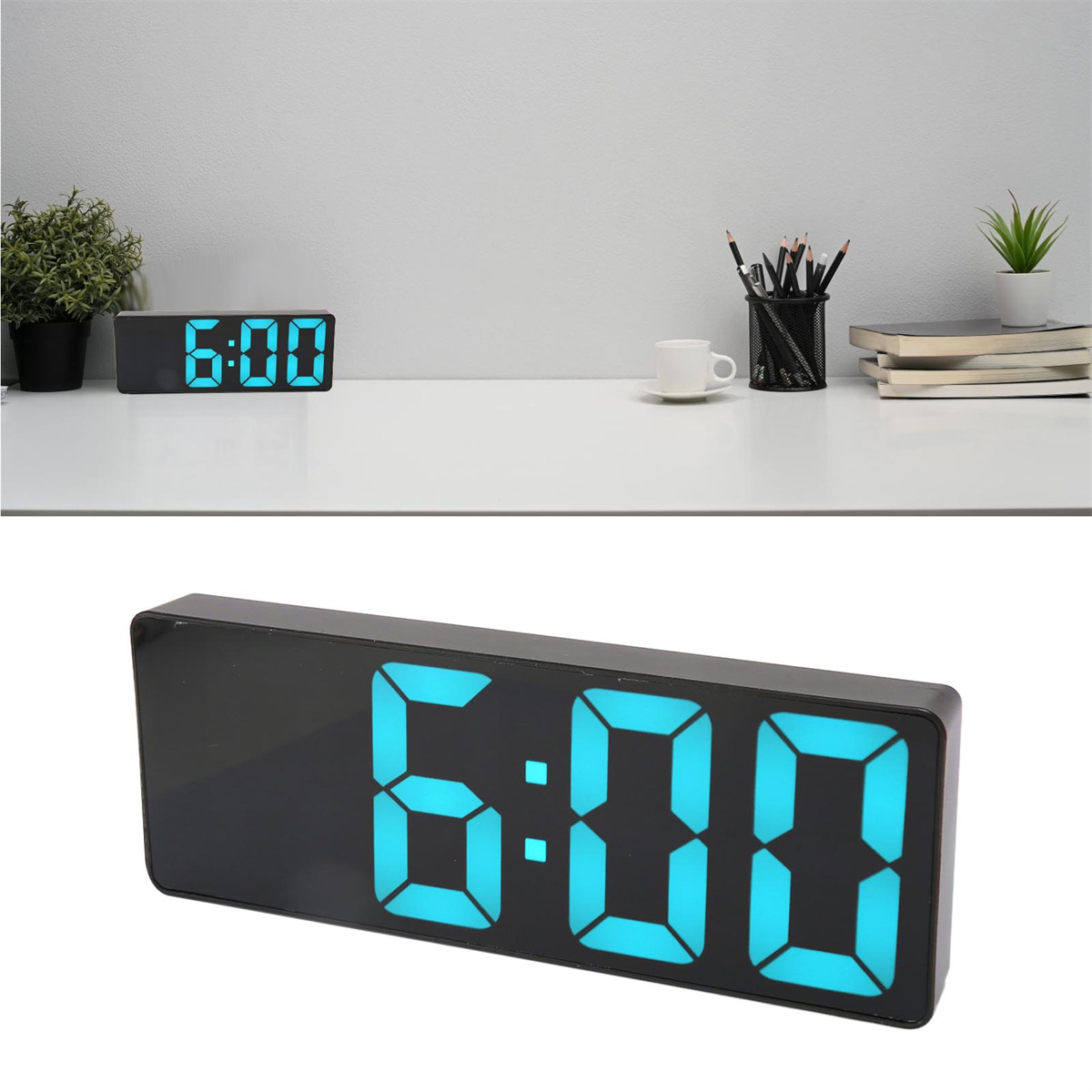 Digitaluhr mit der Anzeige 6:00. Das obere Bild zeigt die Uhr auf einem Schreibtisch; das untere ist eine Nahaufnahme.