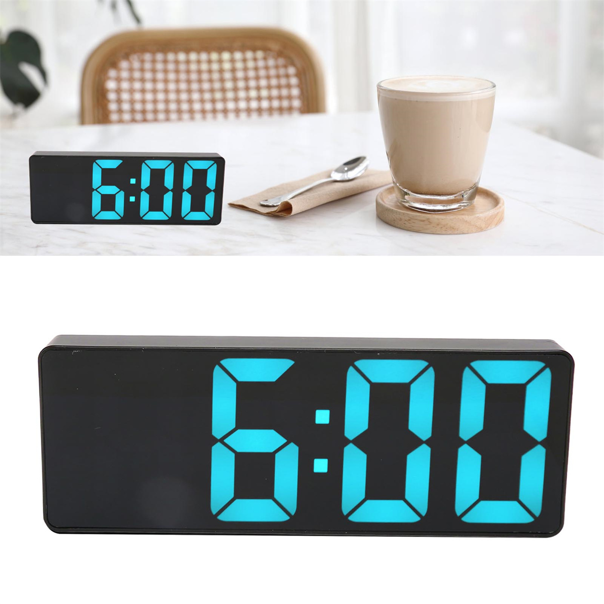 Digitaler Wecker mit der Anzeige 6:00 in Blau auf schwarzem Hintergrund. Im Hintergrund eine Kaffeetasse.