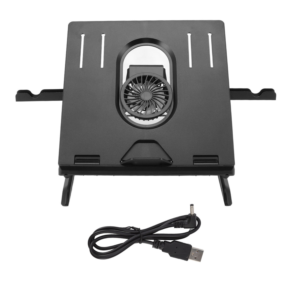 Schwarzer Laptop-Ständer mit Lüfter und USB-Kabel.