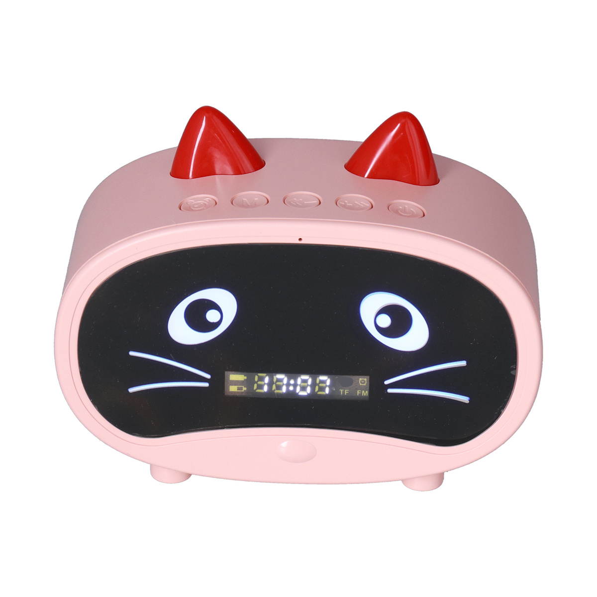Ein rosa katzenförmiger Wecker mit roten Ohren und Digitalanzeige der Uhrzeit.