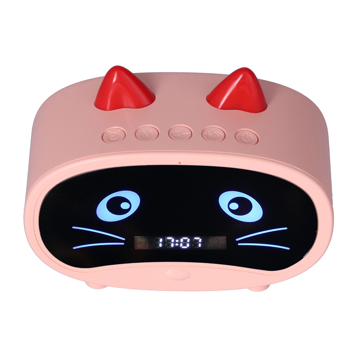 Ein rosa katzenförmiger Wecker mit Digitalanzeige, die die Zeit anzeigt.