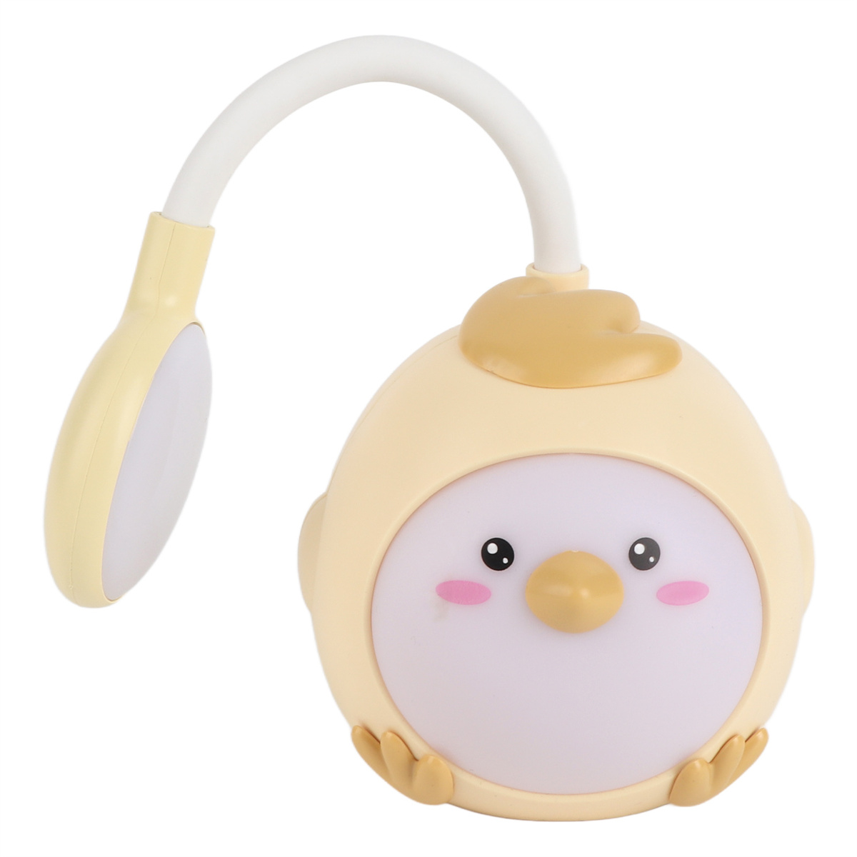 Eine gelbe Küken-förmige Lampe mit flexiblem Hals und Licht an.
