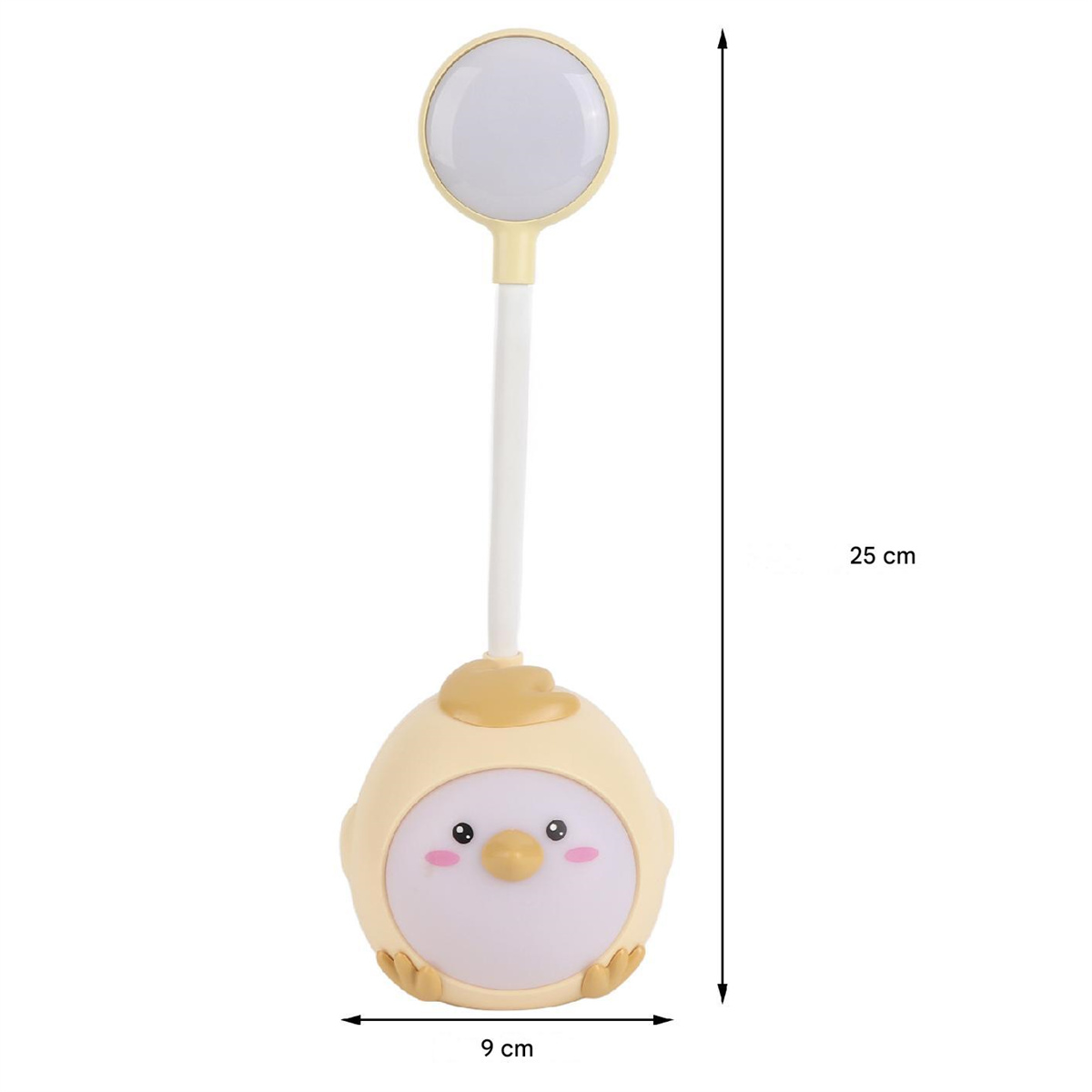 Eine niedliche, gelbe Küken-Lampe mit rundem Licht oben. Die Lampe ist 25 cm hoch.