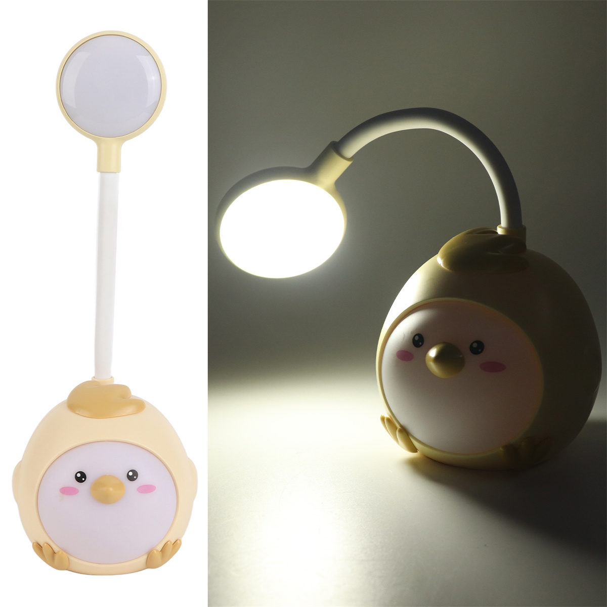Gelbe Küken-förmige Lampe. Eine mit Licht an, die andere aus.