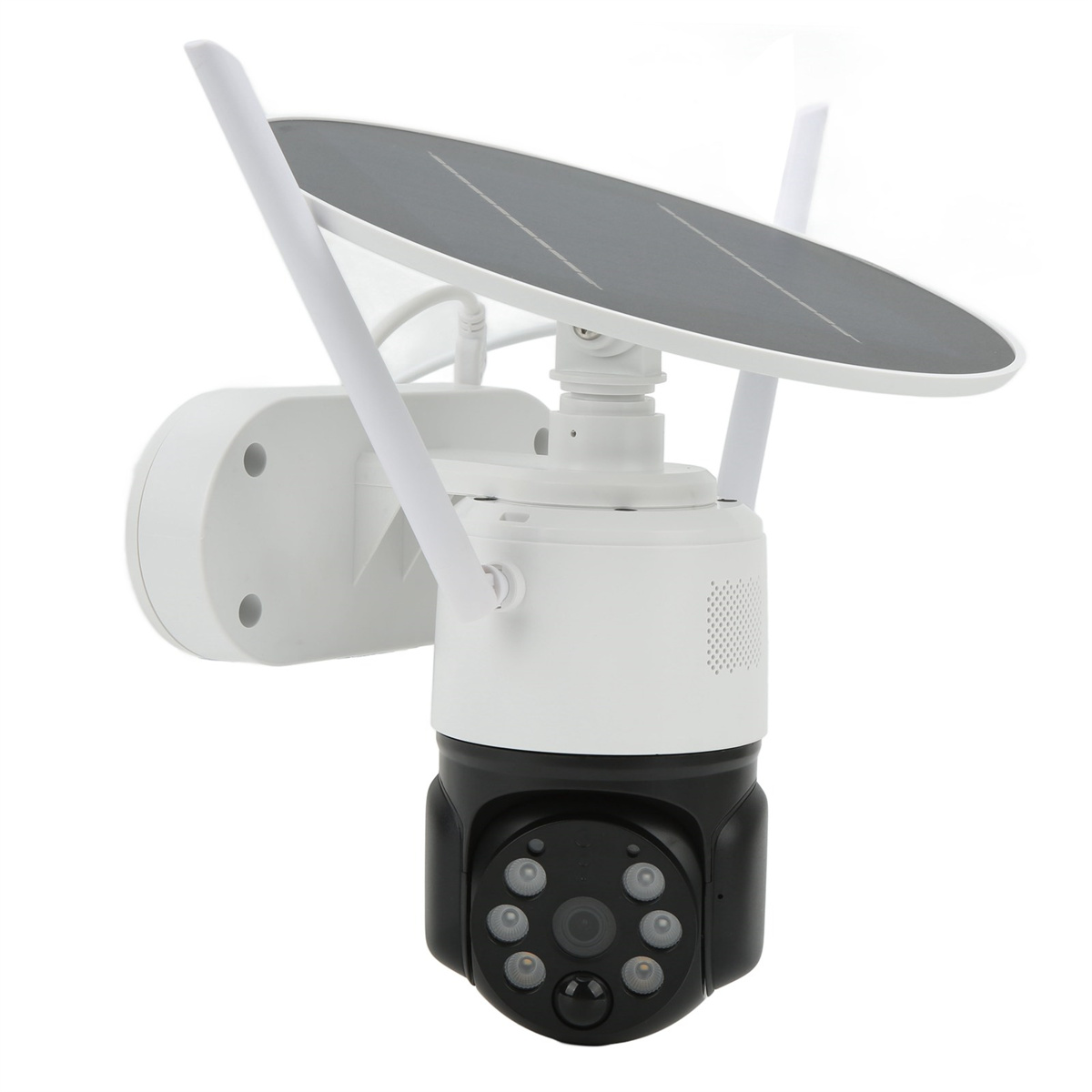 Weiße Überwachungskamera mit Solarpanel und Antennen. Schwarzer Kamerakopf mit mehreren Linsen.