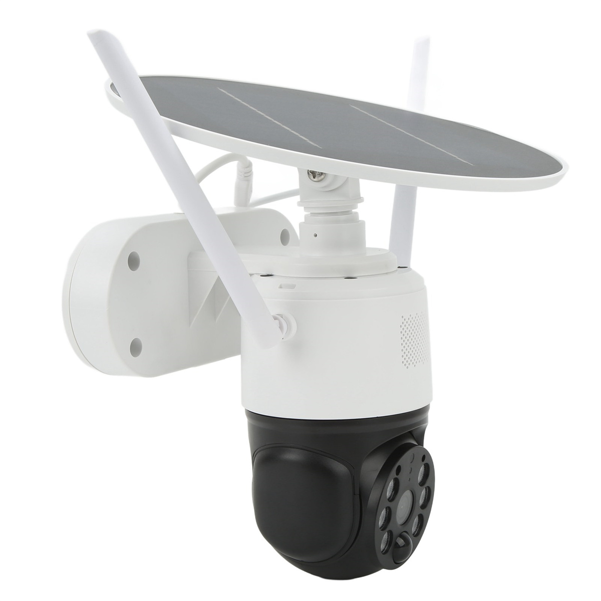 Weiße und schwarze Überwachungskamera mit Solarpanel. Weißer Hintergrund.