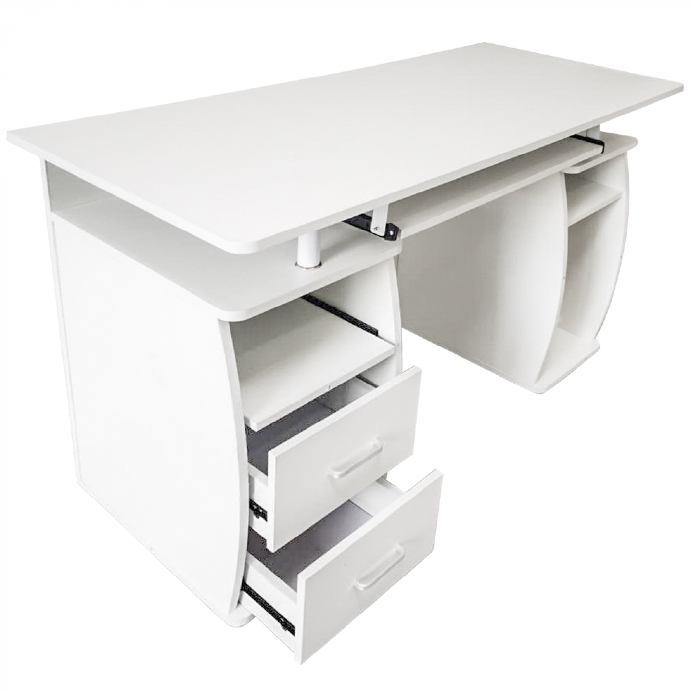 Ein weißer Schreibtisch mit Schubladen und einem Regal. Er hat eine Tastaturablage und ein schlichtes Design.