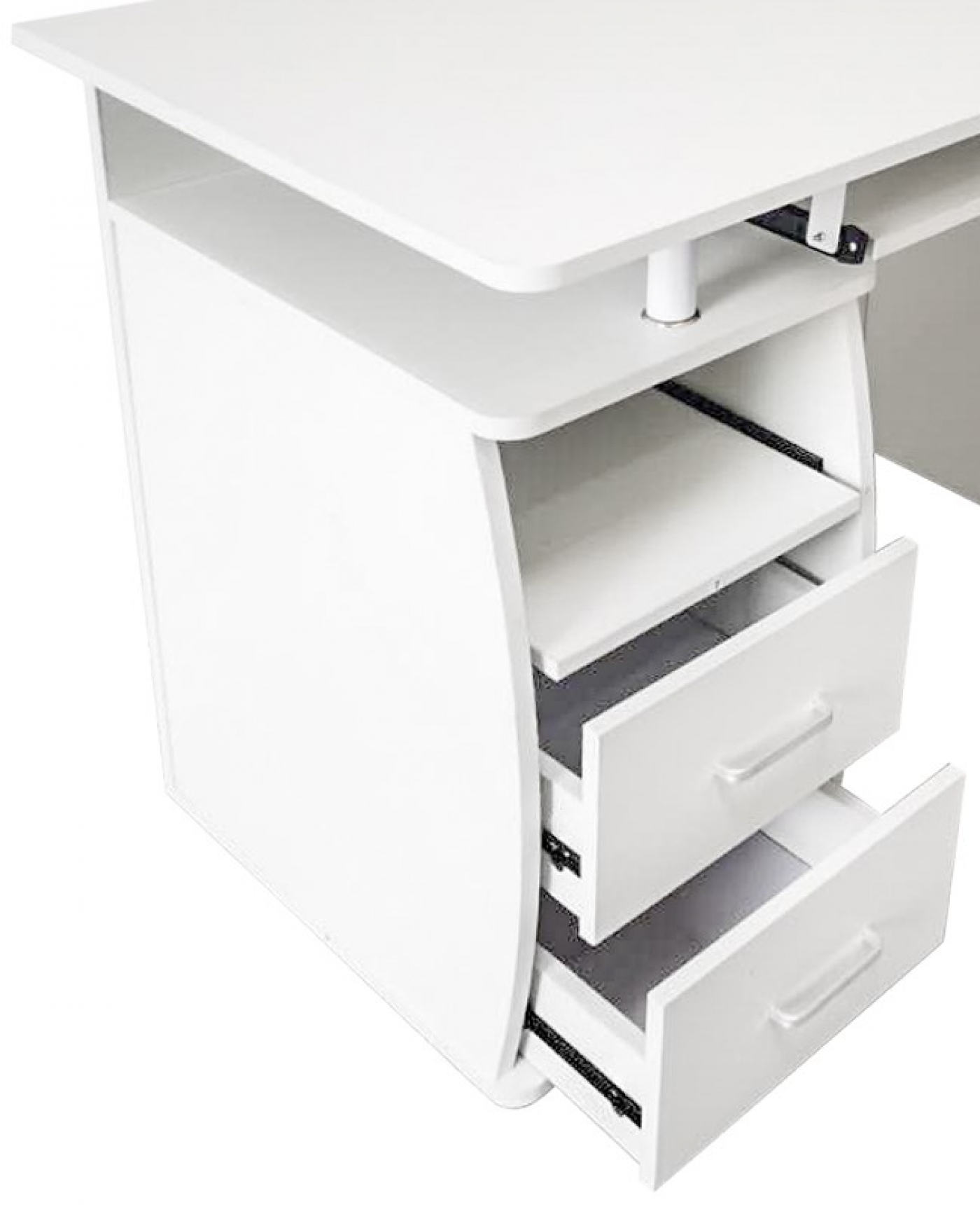 Weißer Schreibtisch mit Schubladen, geöffnet und geschlossen. Weißer Hintergrund. Oberes Regal, Schubladen, modernes Design.
