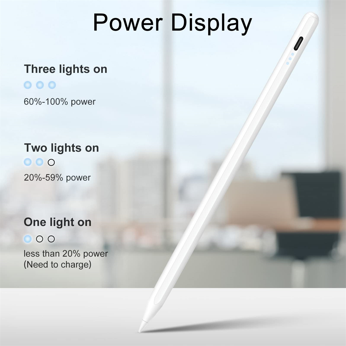 Weißer Stift mit Stromanzeige. 3 Lichter an, 60-100%. 2 Lichter an, 20-59%. 1 Licht an, weniger als 20%.
