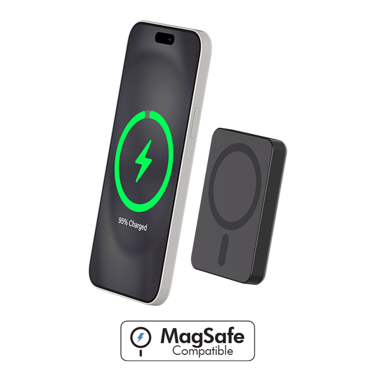 Ein Telefon mit Ladesymbol und ein schwarzes MagSafe-Ladegerät. 95% geladen.