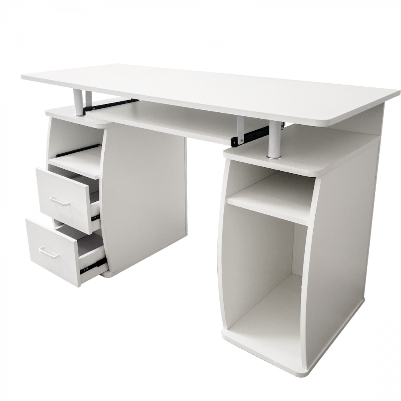 Weißer Computertisch. Schubladen und Regal. Weißer Hintergrund.