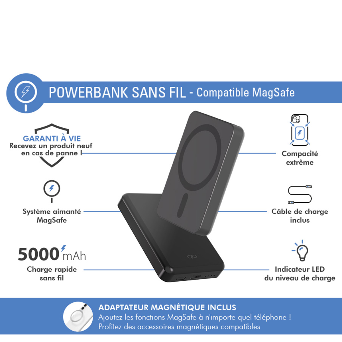 Schwarze Powerbank mit kabellosem Laden. Inklusive MagSafe-Kompatibilität und Ladeanzeige.