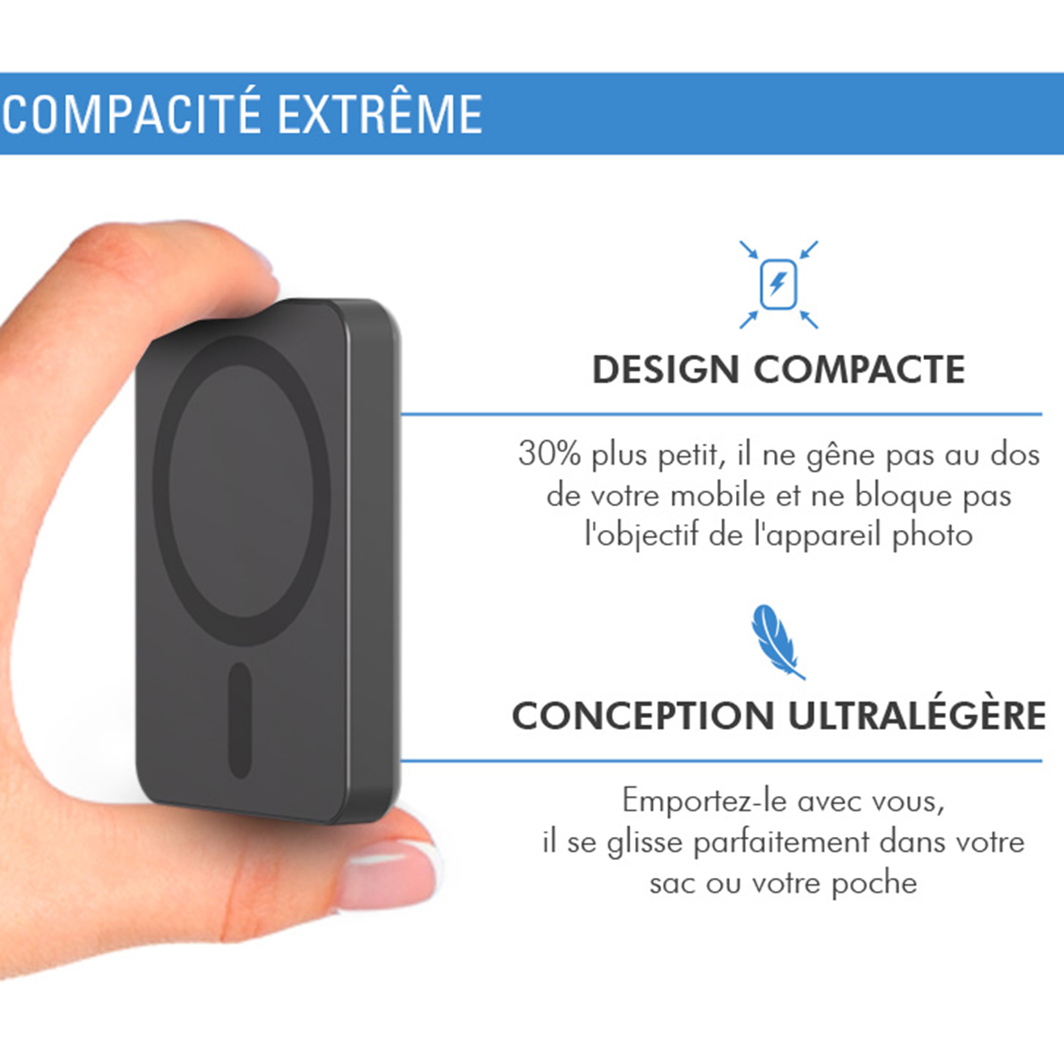 Ein schwarzes, rechteckiges magnetisches Telefonladegerät mit kompaktem Design, auf weißem Hintergrund.