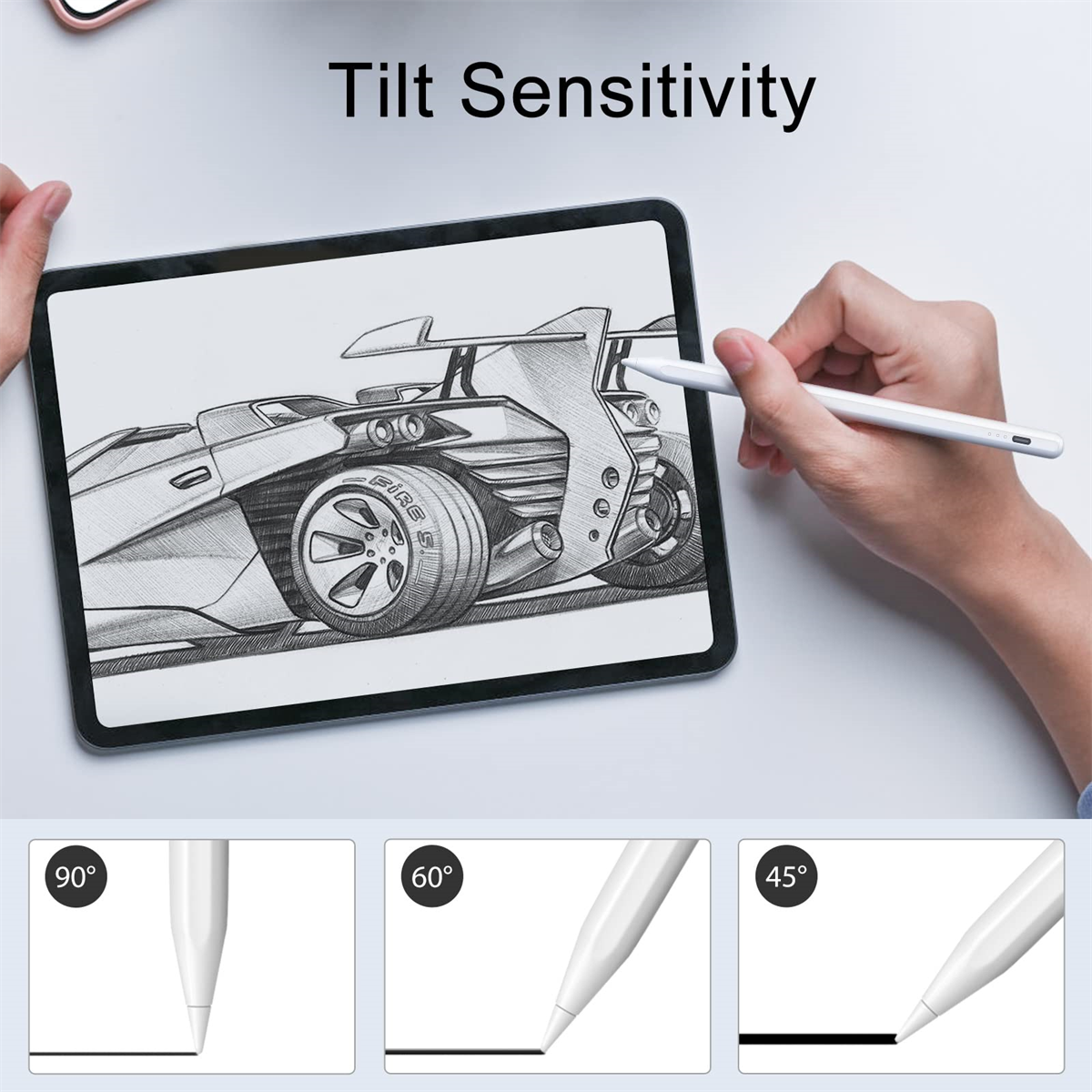 Tablet mit Zeichnung und Beispielen für Neigungsempfindlichkeit.