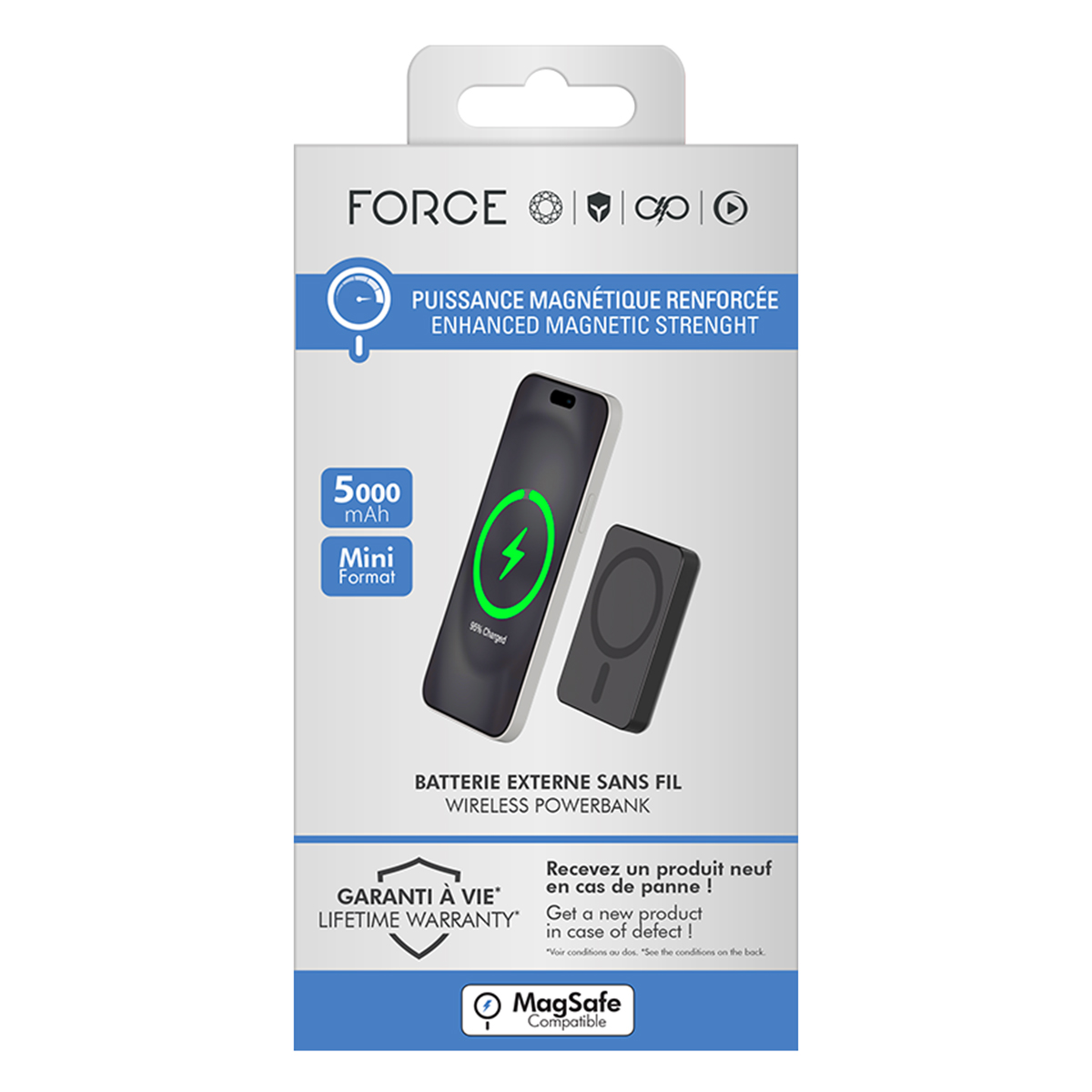 Eine weiße und schwarze Powerbank-Box. Sie zeigt die Powerbank beim Aufladen eines Telefons. Weißer Hintergrund.