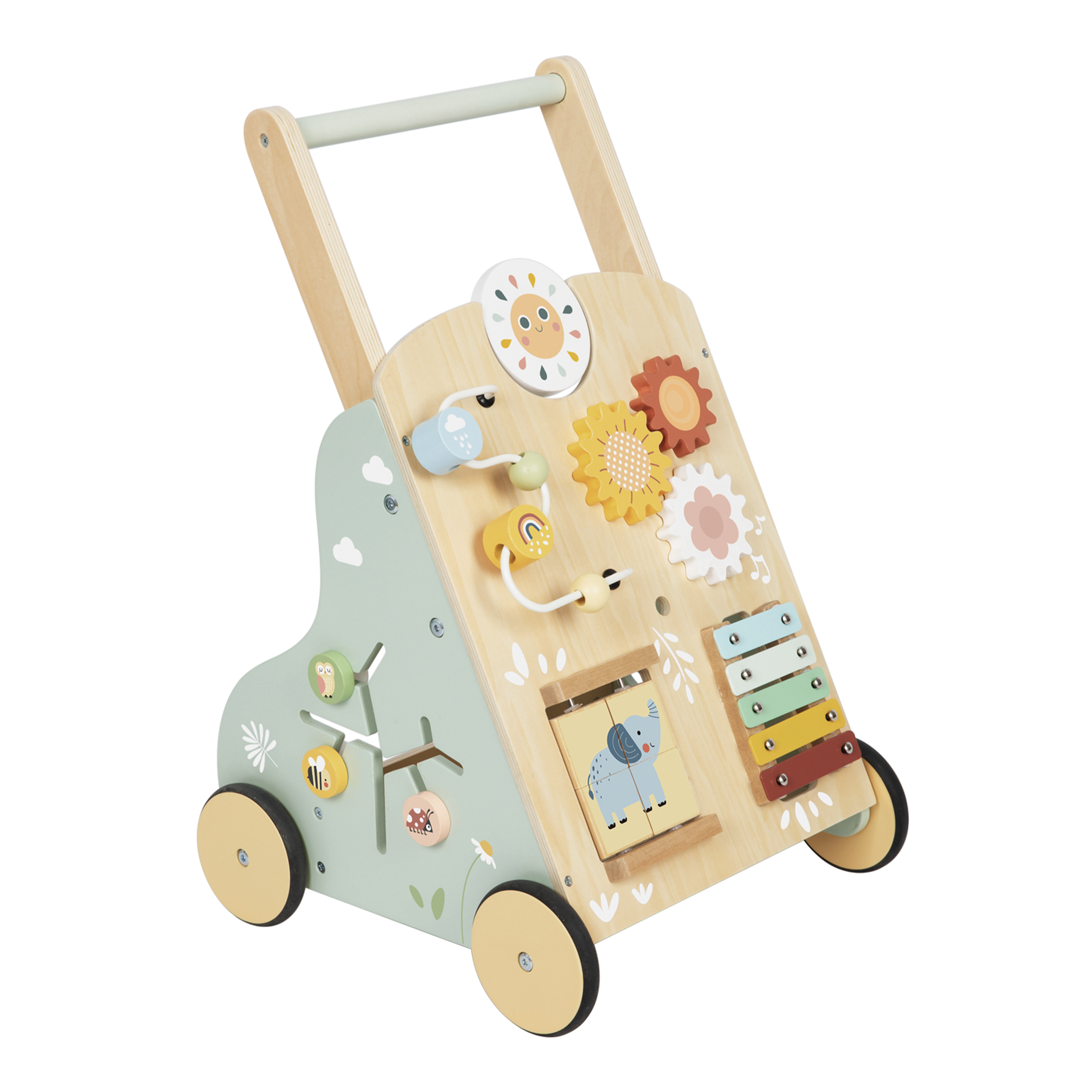 Holz-Lauflernwagen mit Spielzeug: Perlen, Zahnräder, Xylophon und Blume.