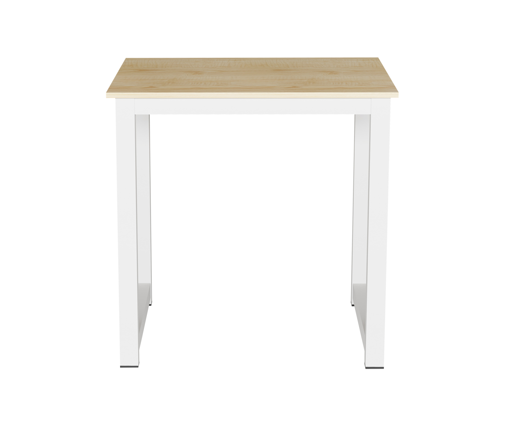 Een kleine witte tafel met een licht houten blad op een witte achtergrond.