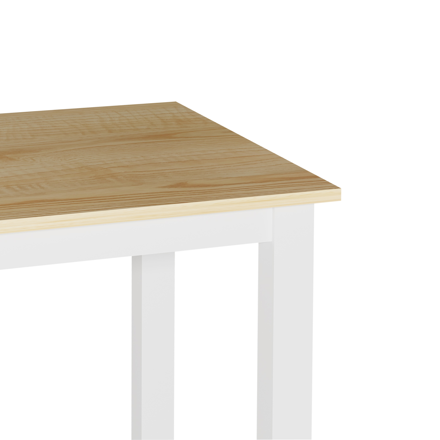 Close-up van een houten tafelhoek met een wit frame. Het hout is lichtbruin.