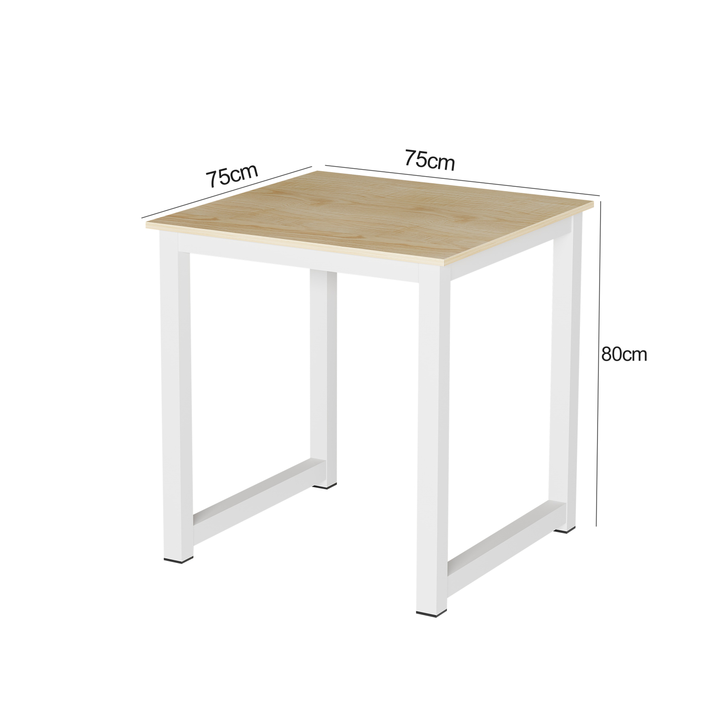 Een witte vierkante tafel met een houten blad. Afmetingen zijn 75x75x80cm.