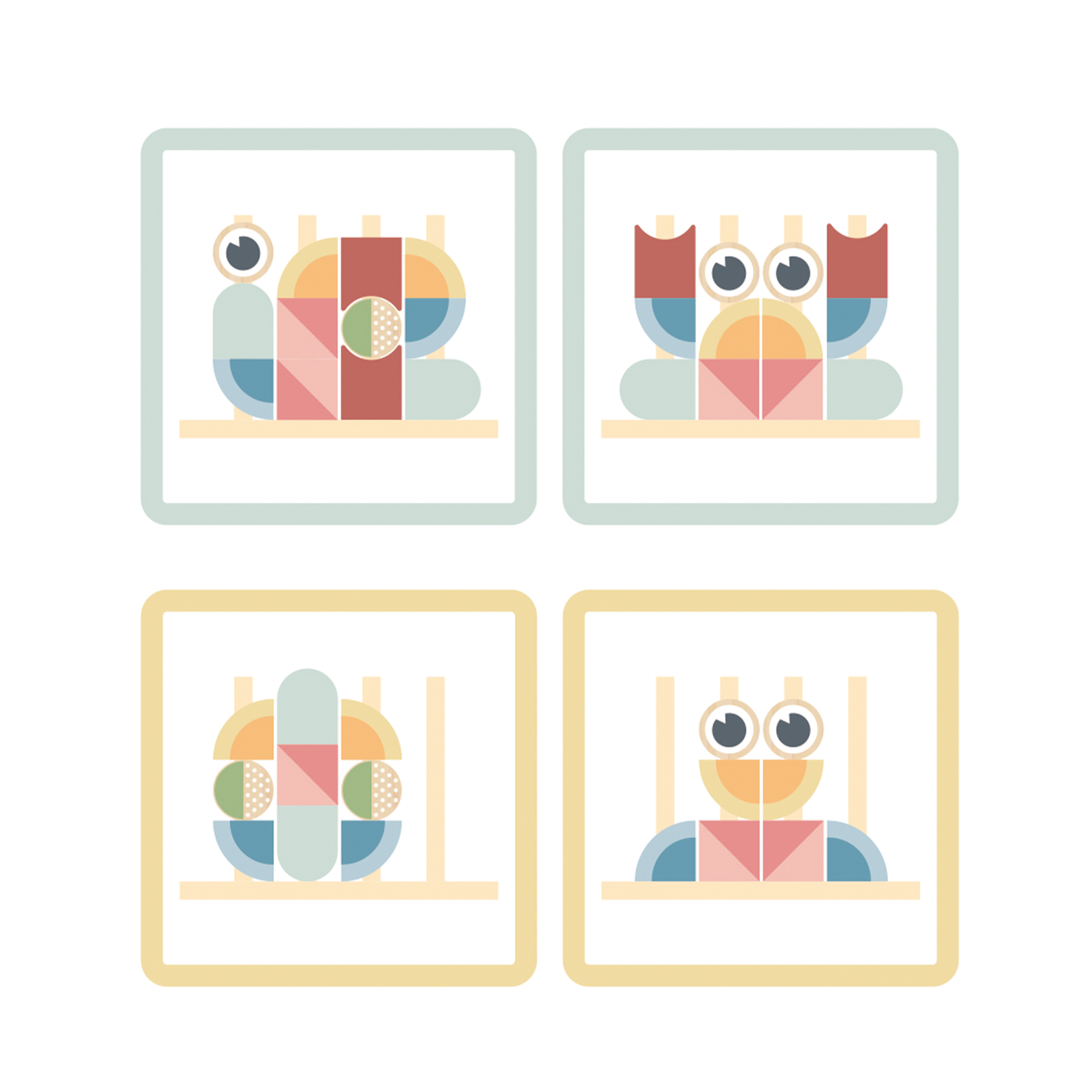 Vier abstrakte Vogel-Illustrationen in Quadraten, verschiedene Farben.