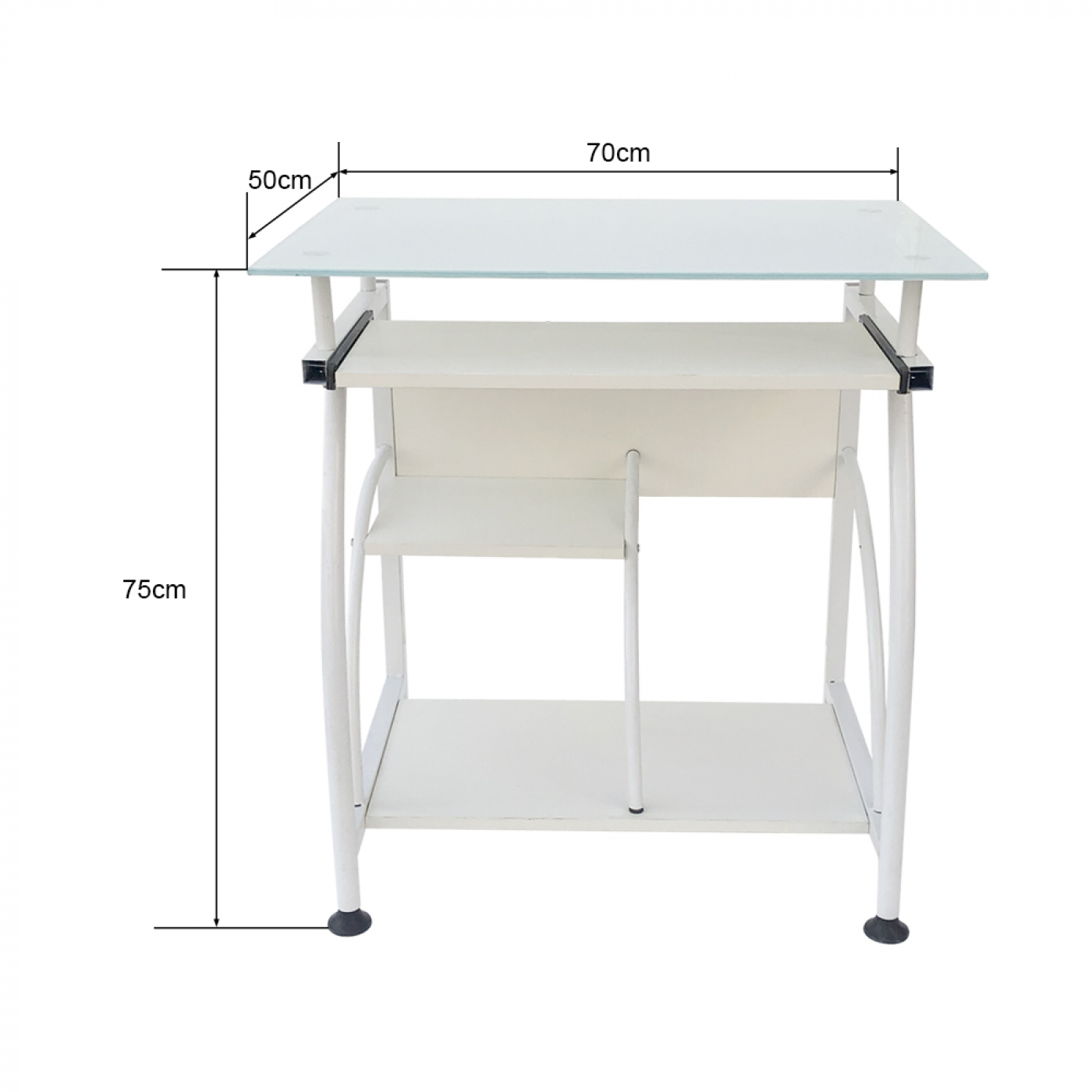 Een witte computertafel met een glazen blad en een onderste plank. Afmetingen staan vermeld.