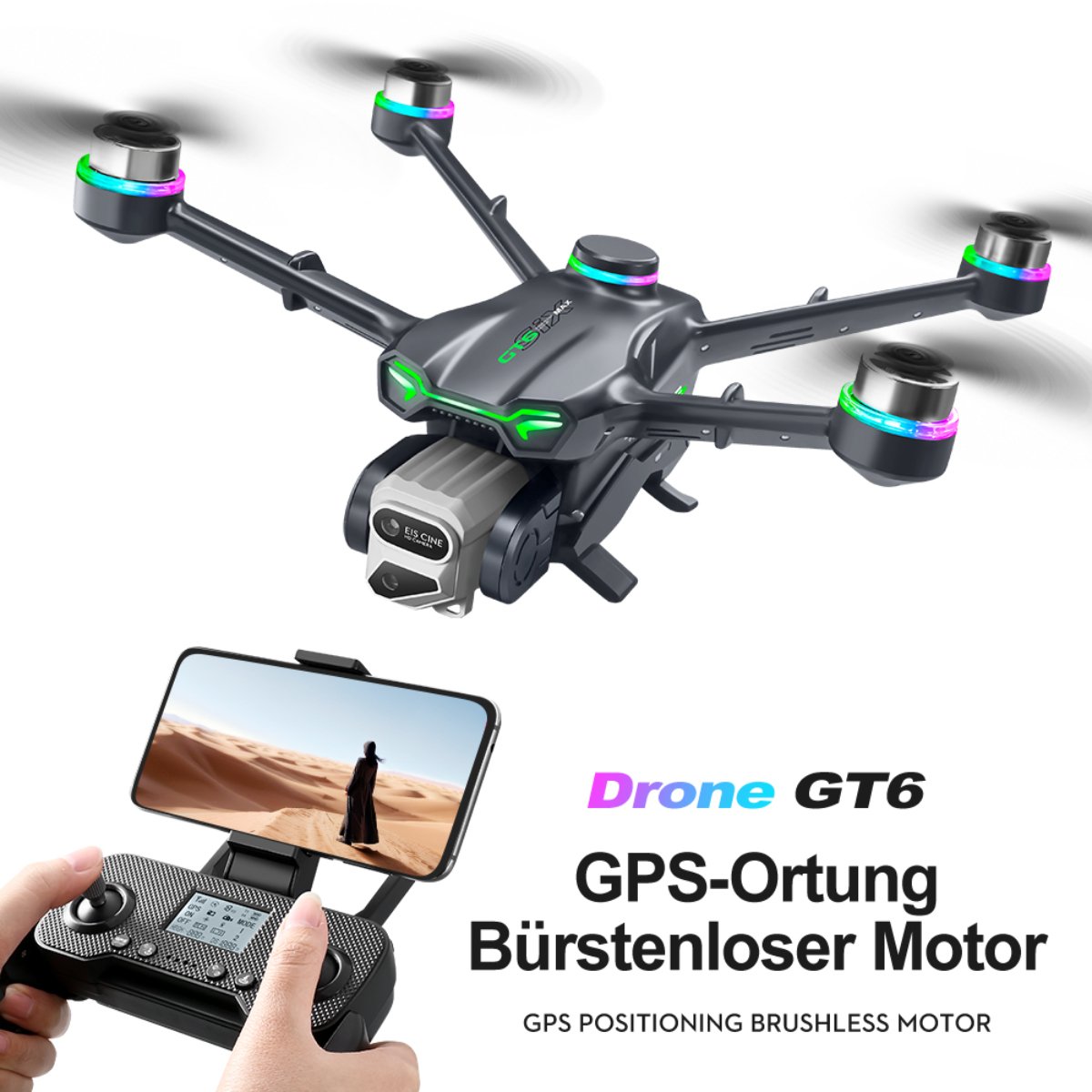 Schwarze Drohne mit bunten Lichtern, Fernbedienung mit Bildschirm und Person, die den Controller hält.