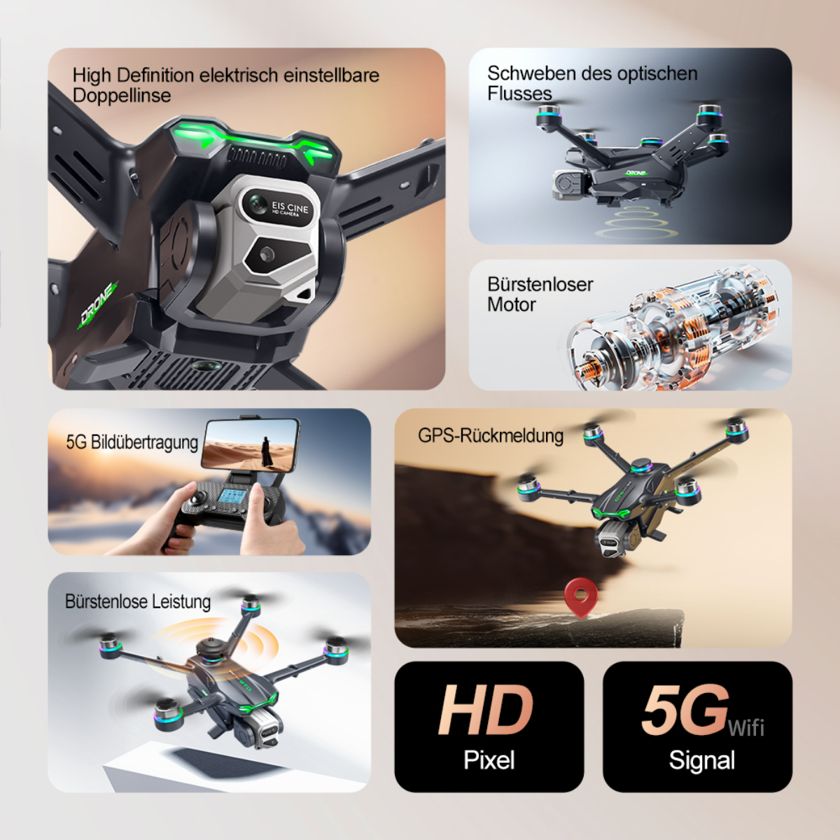 Drohne mit Kamera, Fernbedienung und 5G-Signal-Symbolen. Verschiedene Komponenten werden gezeigt, einschließlich Motor.