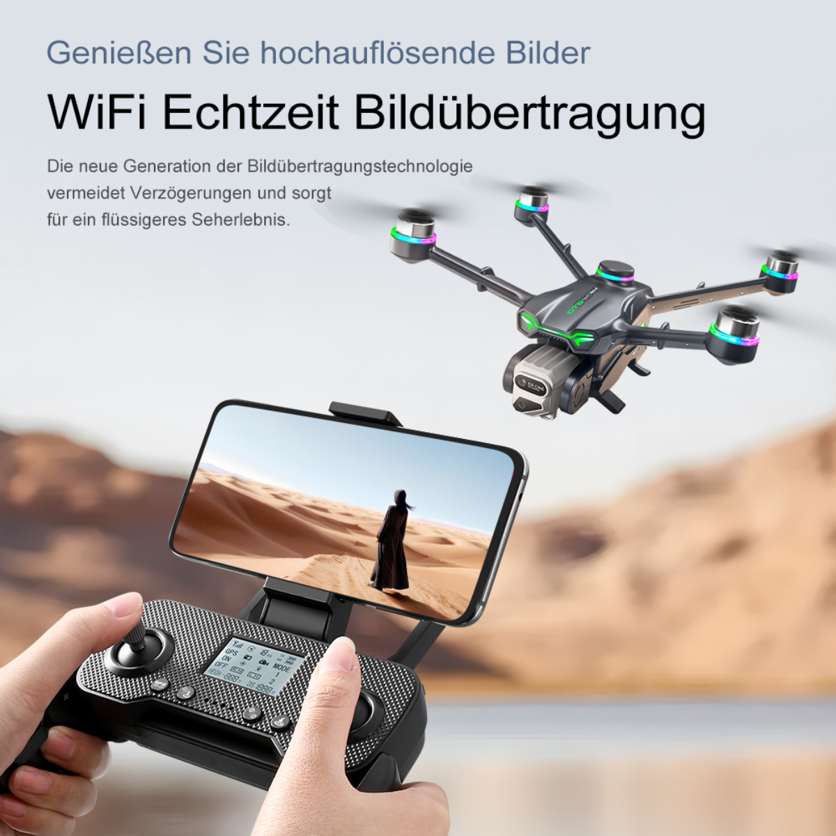 Drohne fliegt über einem Telefon, das eine Person in einer Wüste anzeigt. Die Fernbedienung ist im Vordergrund. Text auf der Drohne.