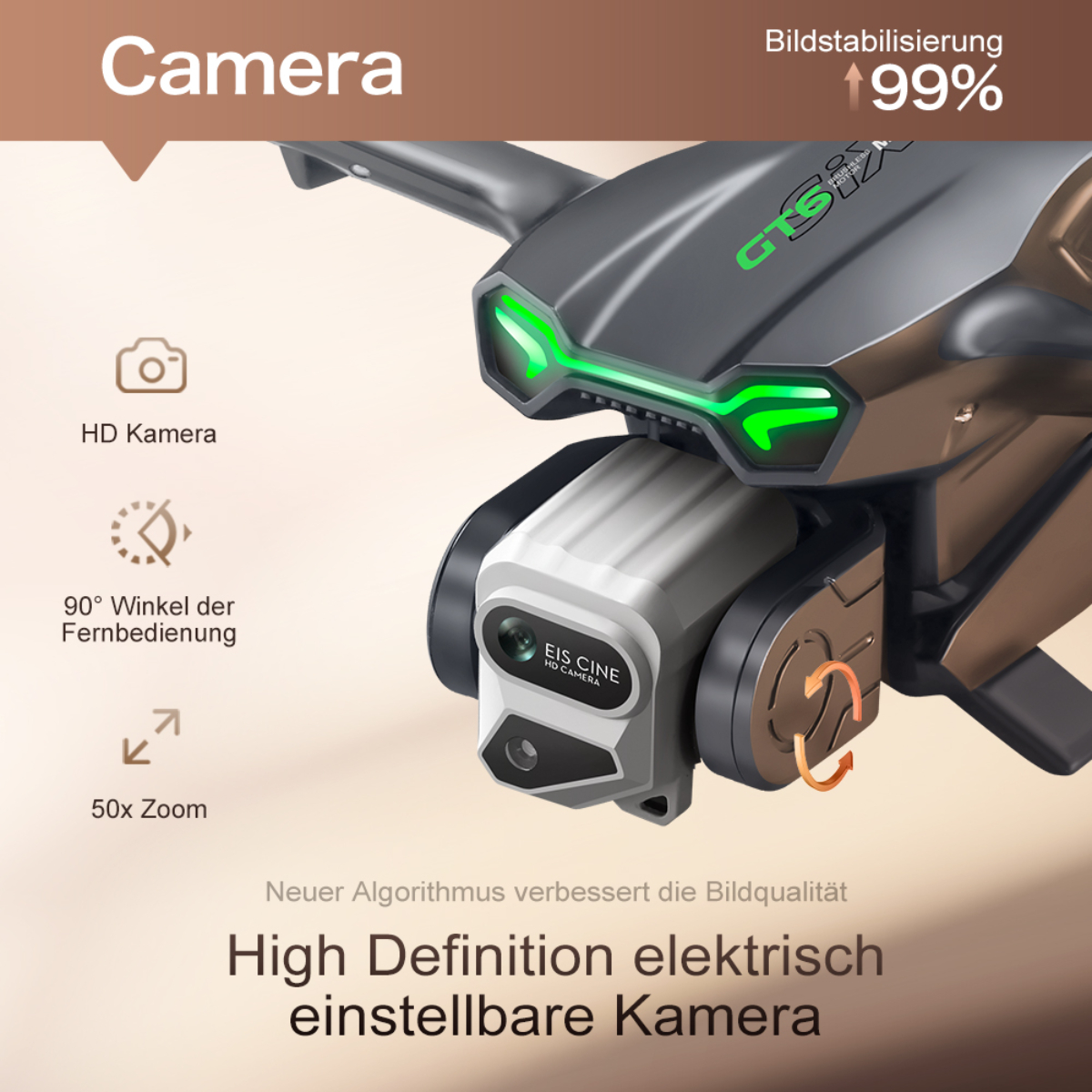 Drohne mit Kamera. Verschwommener Hintergrund mit weißer Oberfläche.