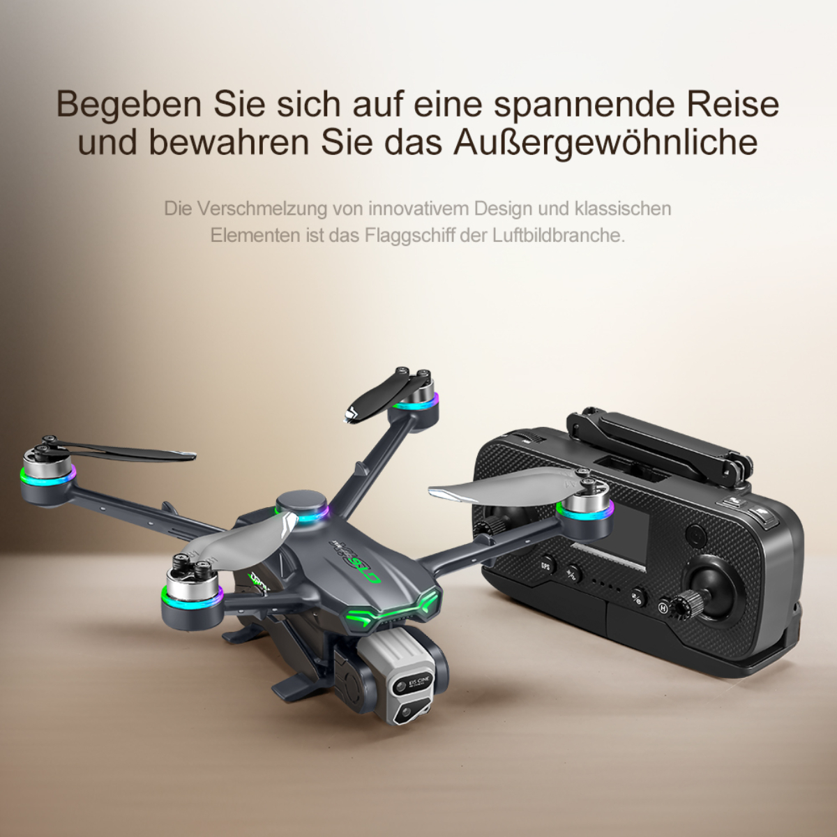 Drohne und Fernbedienung. Drohne hat Lichter, schwarze Fernbedienung.