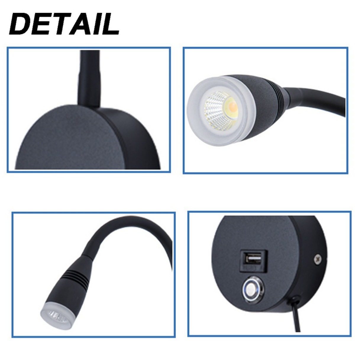 Nahaufnahmen einer schwarzen Schreibtischlampe, die verschiedene Details ihres Designs zeigt.