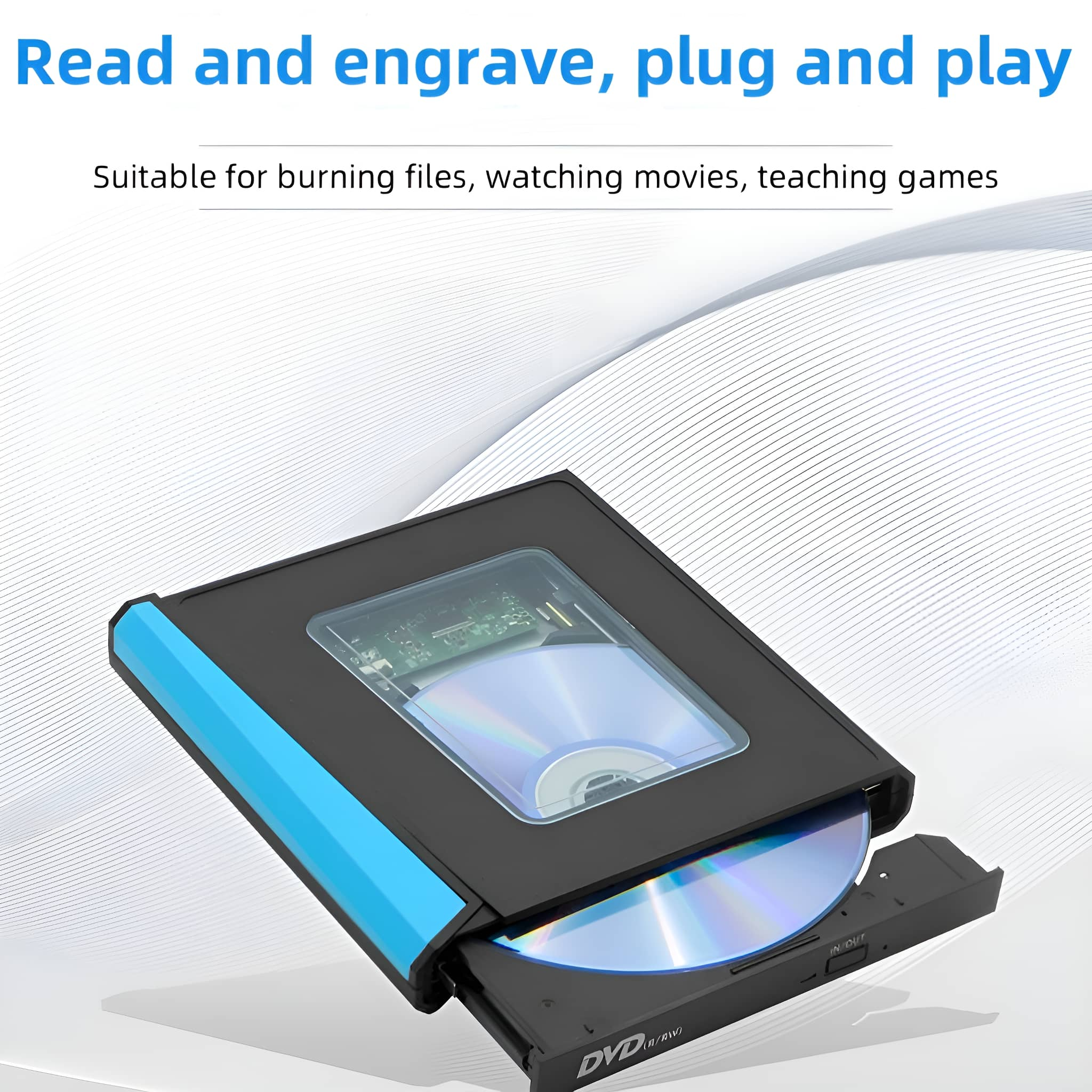 Schwarzes und blaues externes DVD-Laufwerk mit eingelegter Disc und offenem Fach.