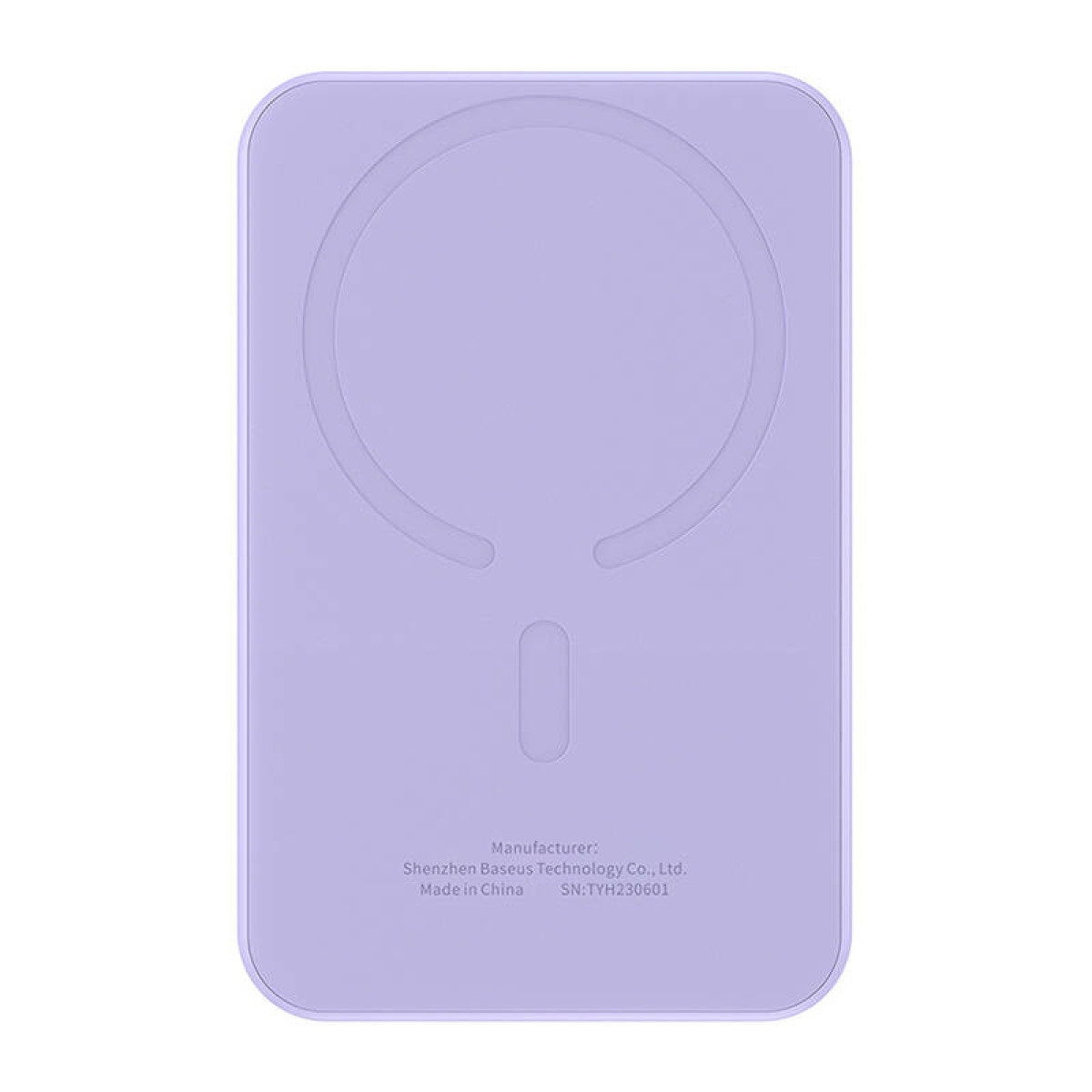 Fioletowa bezprzewodowa podkładka ładująca. Podkładka ma centralny okrągły wzór, z etykietą.