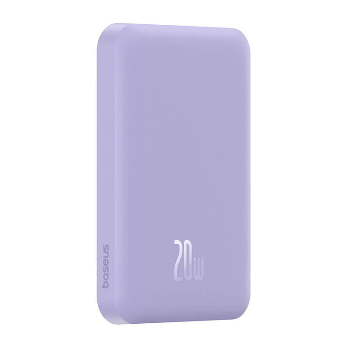 Jasnofioletowy power bank z tekstem 20w. Nazwa marki Baseus na dole.