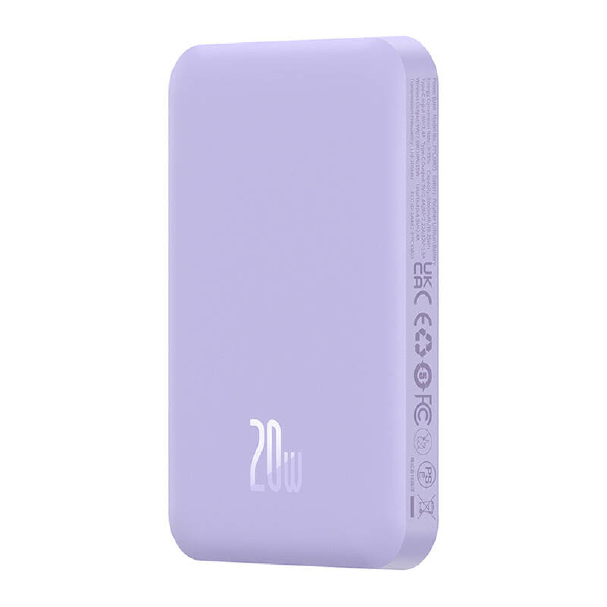 Fioletowy power bank z nadrukiem 20w. Białe tło.