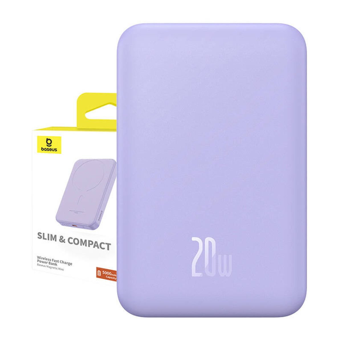 Eine hellviolette Powerbank mit einer weißen Box. Box sagt Slim & Compact, 20W, kabelloses Schnellladen.