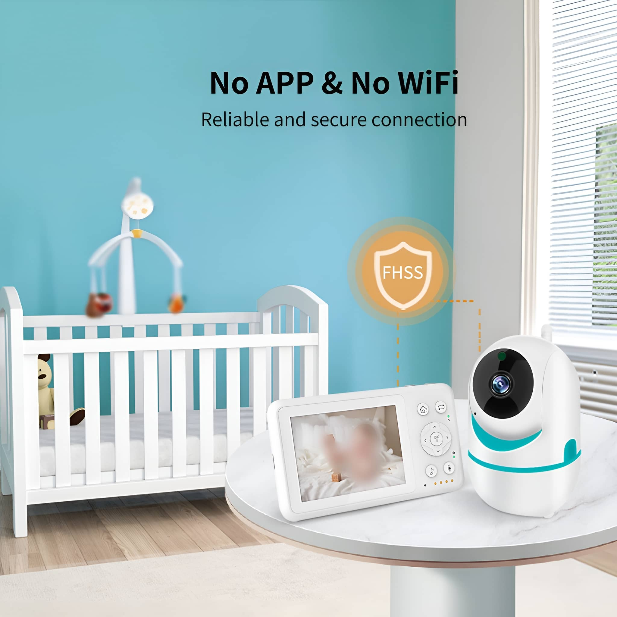 Babyphone-Setup in einem Raum. Text: Keine APP & kein WLAN. Babyphone und Monitor auf einem Tisch.