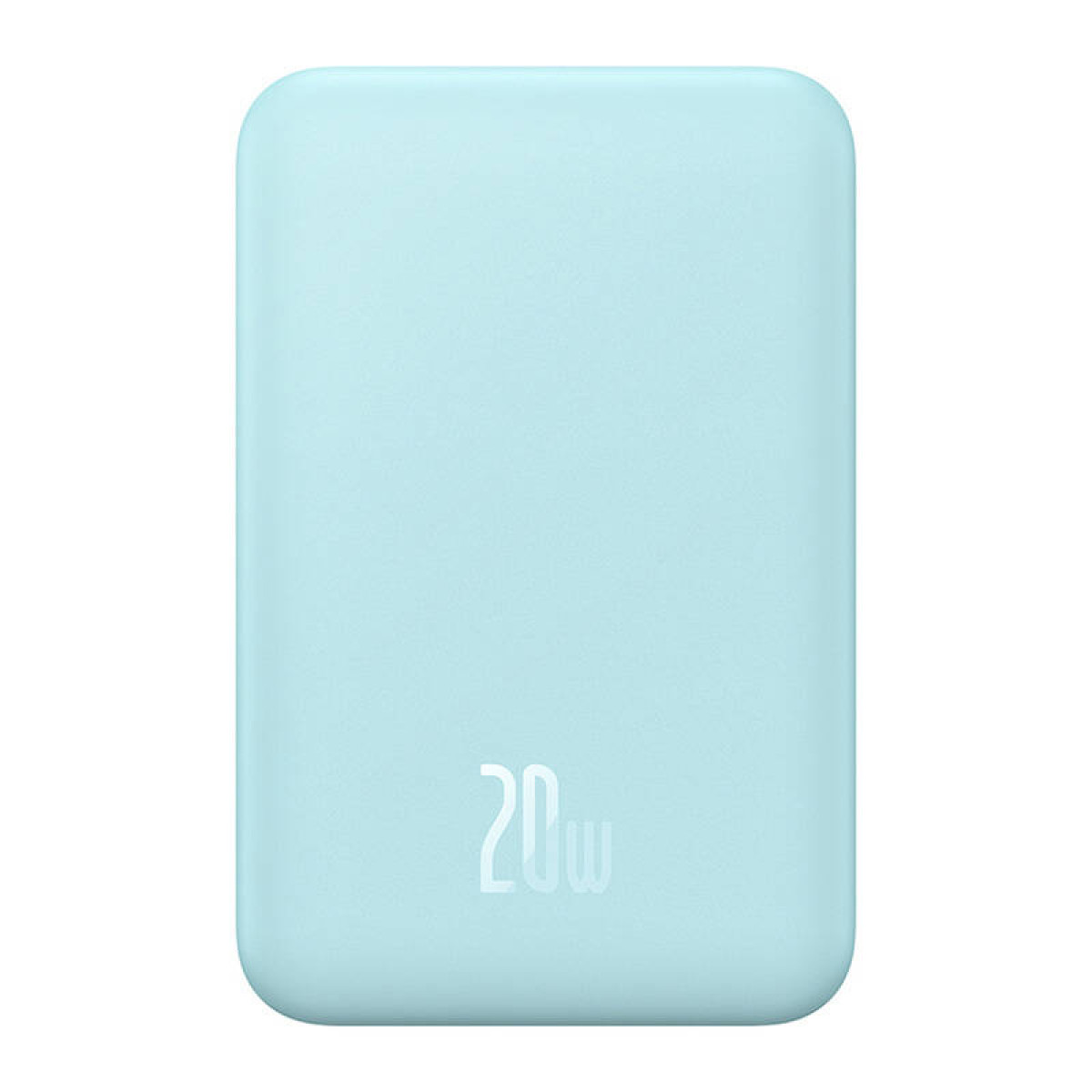 Jasnoniebieski prostokątny power bank z nadrukiem '20w'. Prosty, minimalistyczny design.