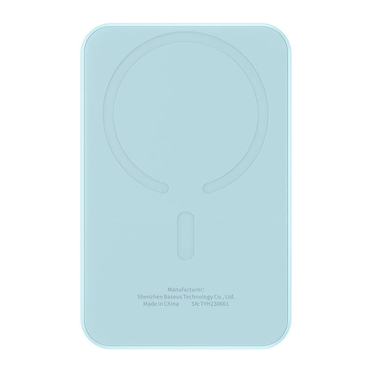 Jasnoniebieska, kwadratowa ładowarka bezprzewodowa z okrągłym obszarem ładowania. Tekst i logo na dole.