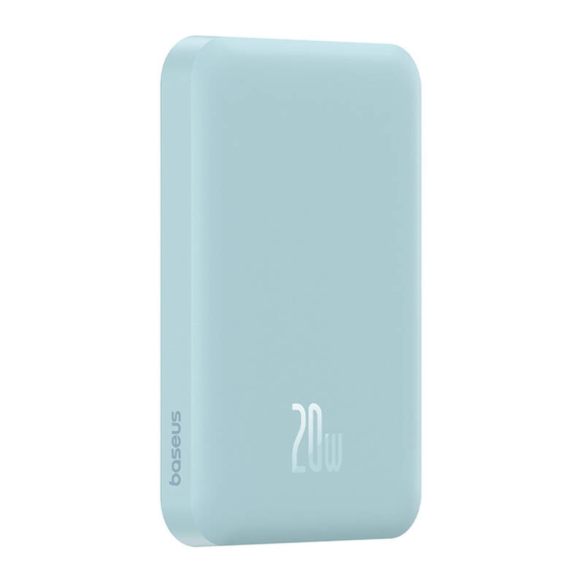 Niebieski power bank z napisem 20W. Niebieskie tło.