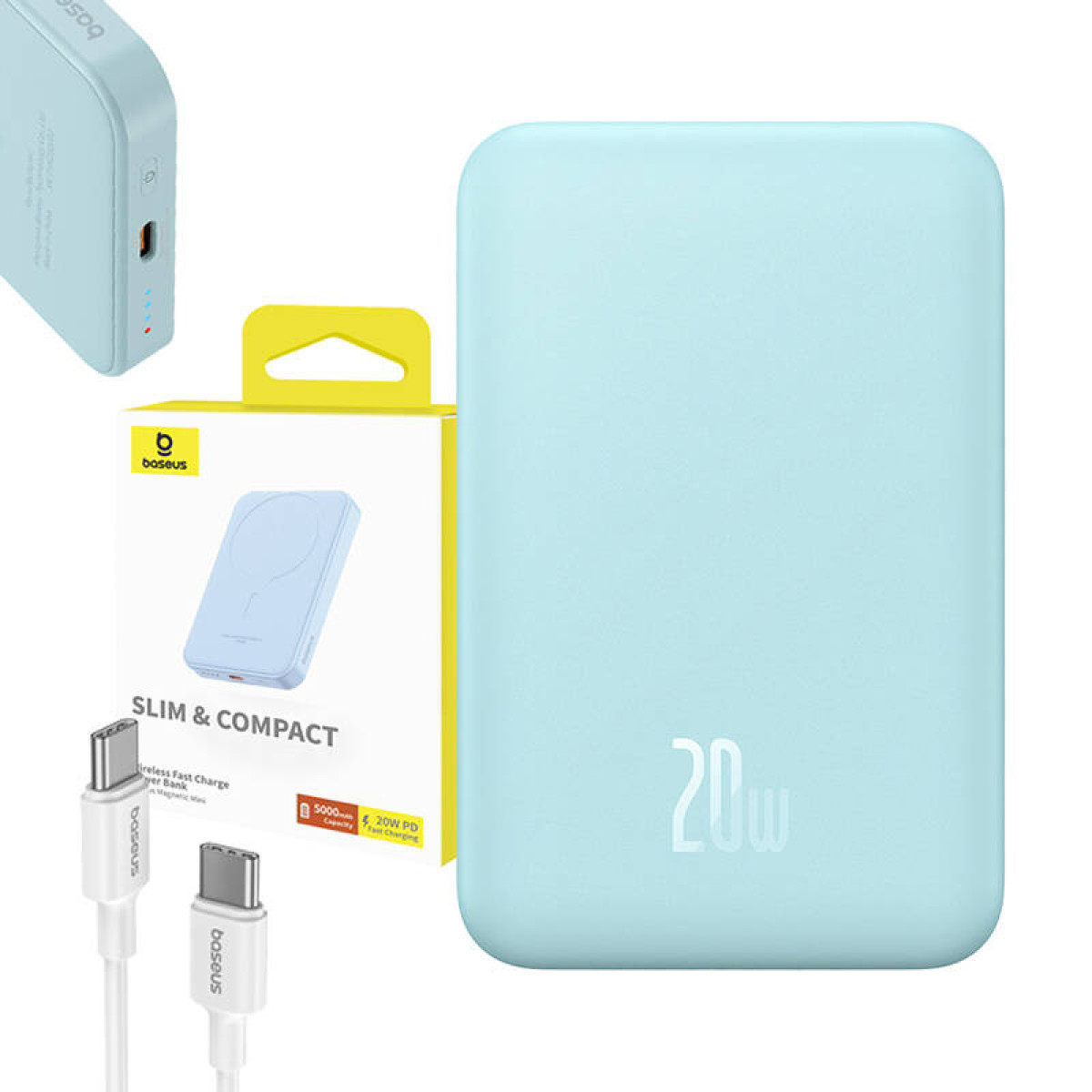 Blaue Powerbank mit gelber Box und Kabeln, auf weißem Hintergrund.