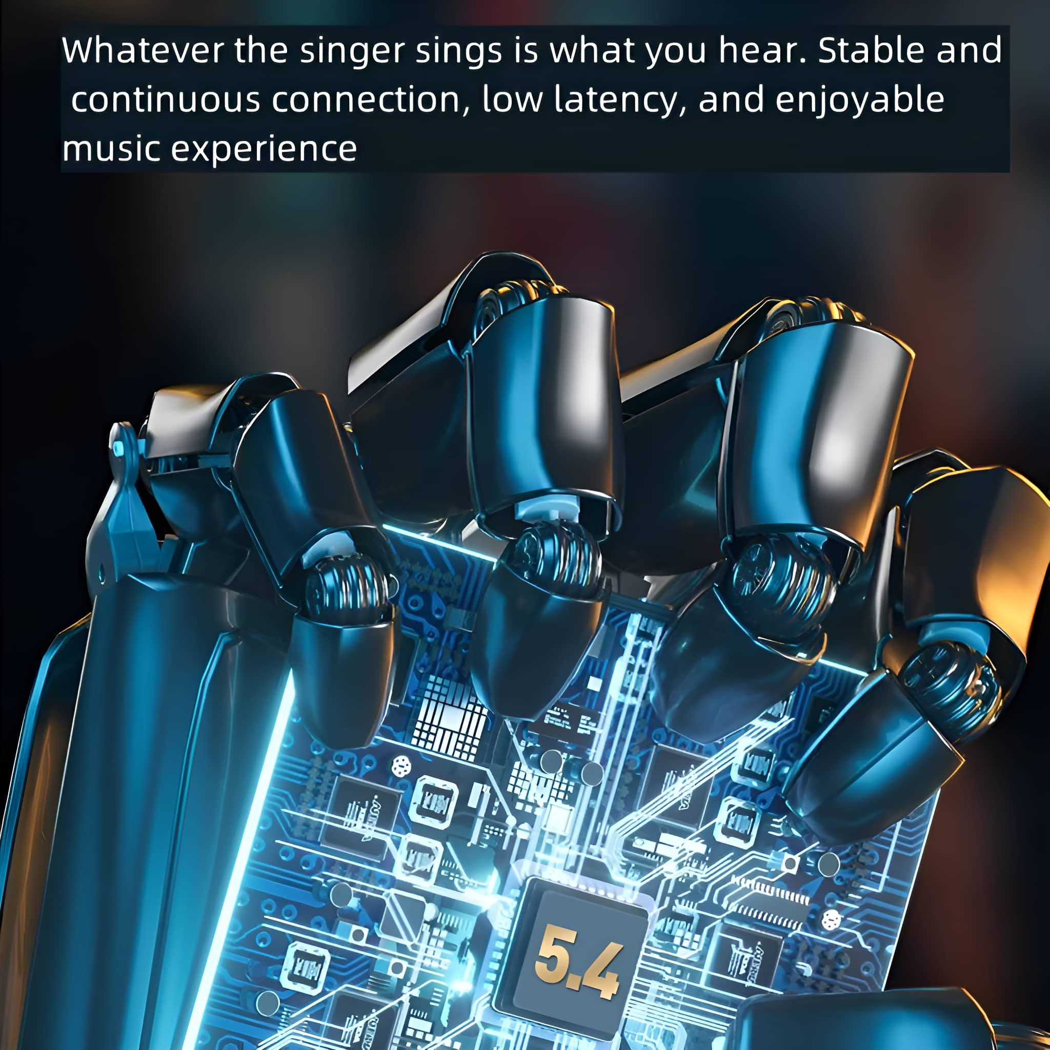 Roboterhand, die eine Leiterplatte mit einem 5.4-Chip und neonblauem Licht hält, dunkler Hintergrund.