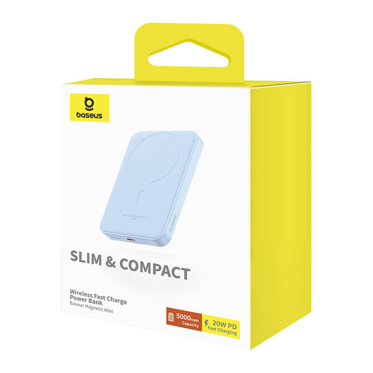 Białe i żółte pudełko z power bankiem. Tekst: Slim & Compact.