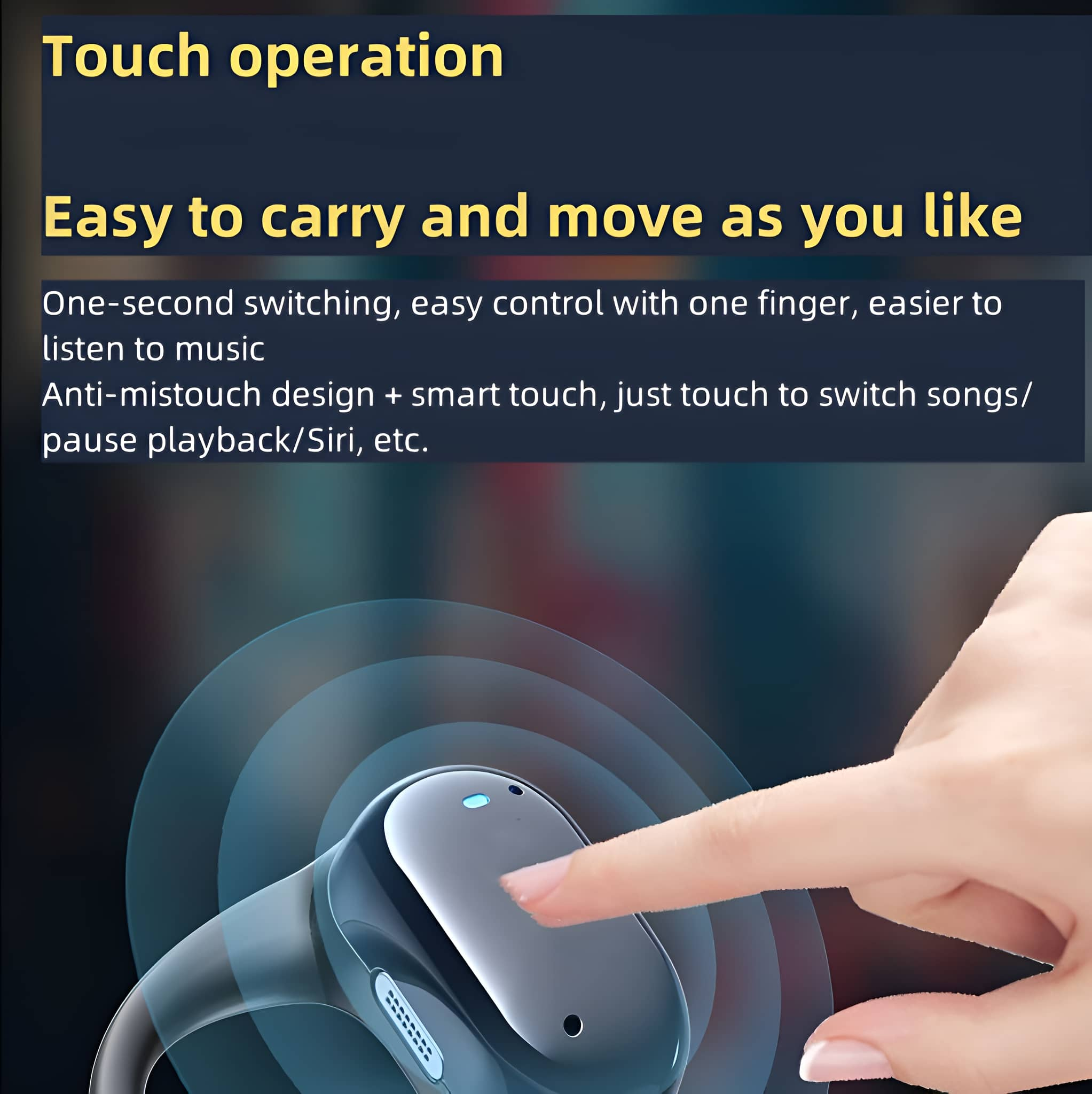 Finger berührt kabellosen Ohrhörer, Hintergrund zeigt Audio-Wellen.