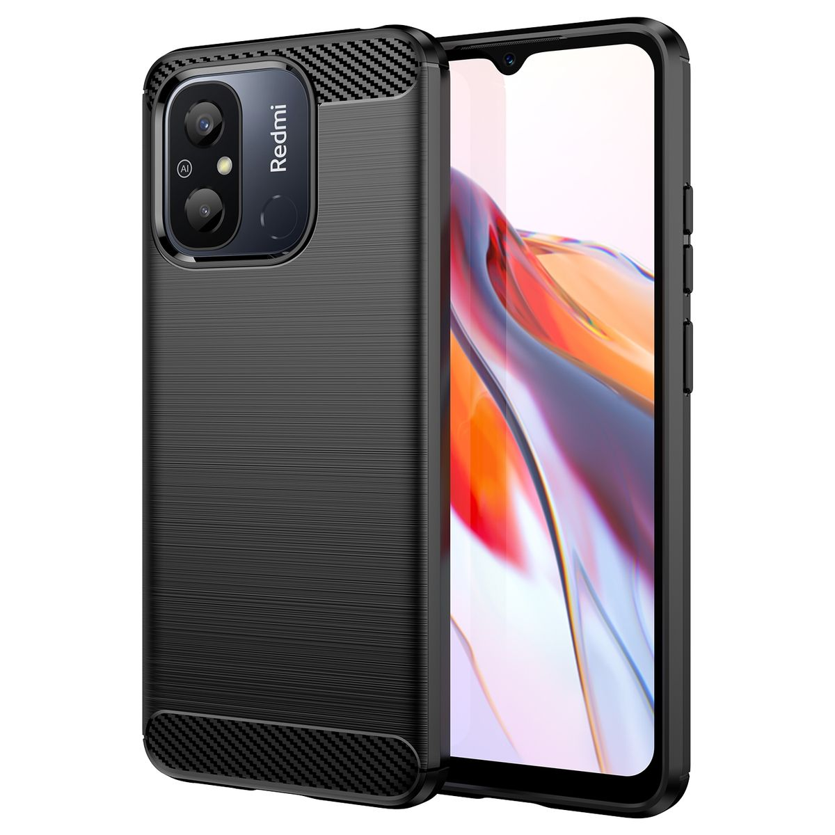 Schwarze Handyhülle mit Redmi-Logo und strukturiertem Design, Telefon in der Hülle.