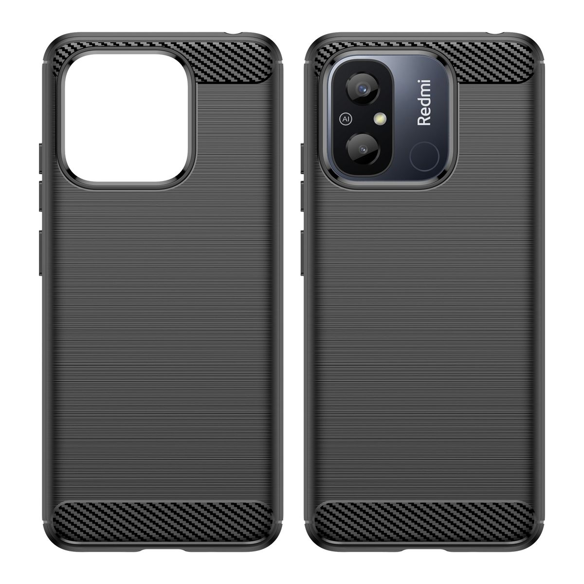 Schwarze Handyhülle mit strukturiertem Design. Duale Kameraaussparung, Redmi-Logo.