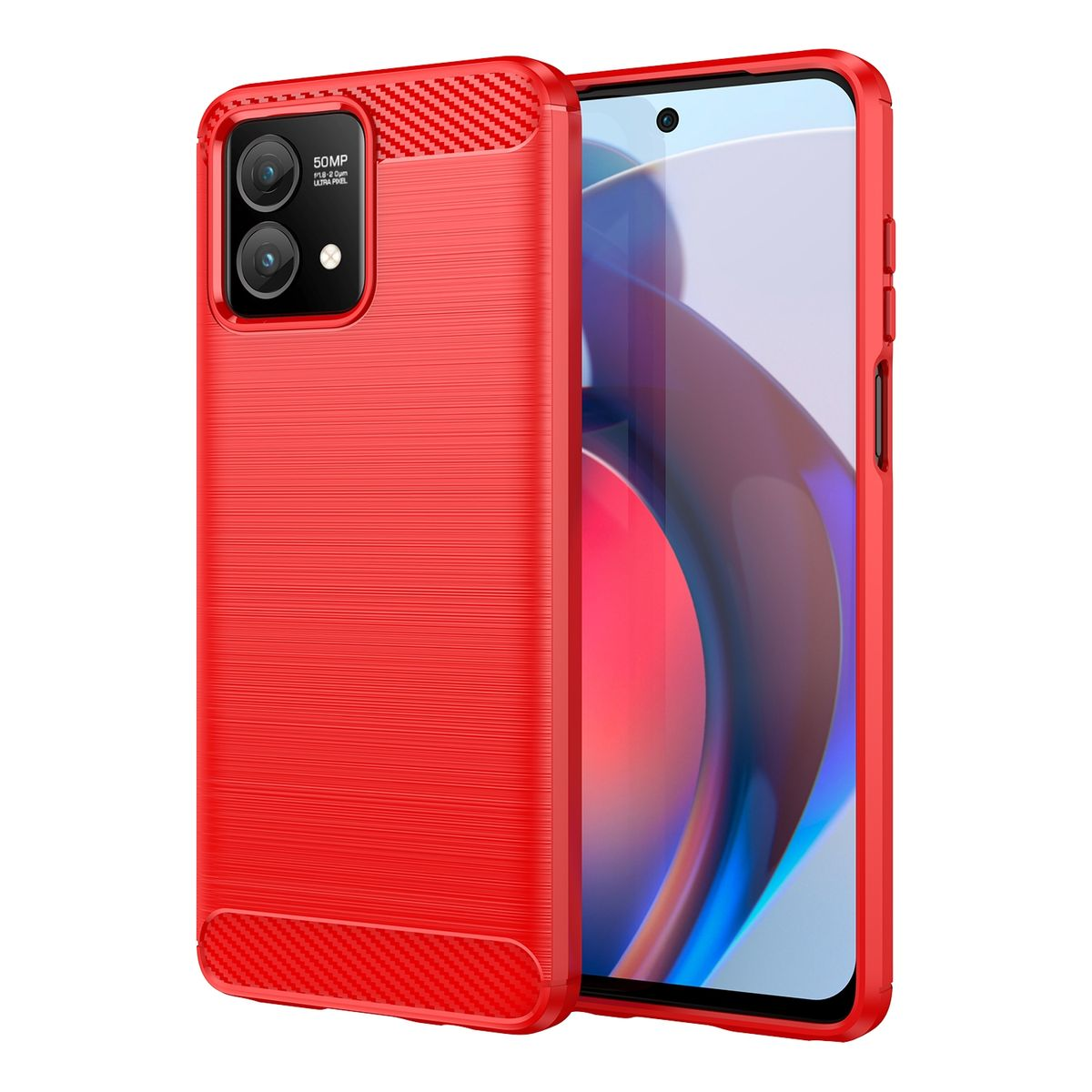 Eine rote Handyhülle mit strukturierter Rückseite und Kameraausschnitt, mit einem Telefon darin.